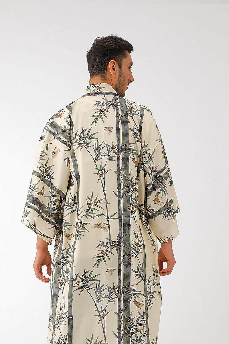Men Bamboo & Sparrow Cotton Short Yukata Kimono.