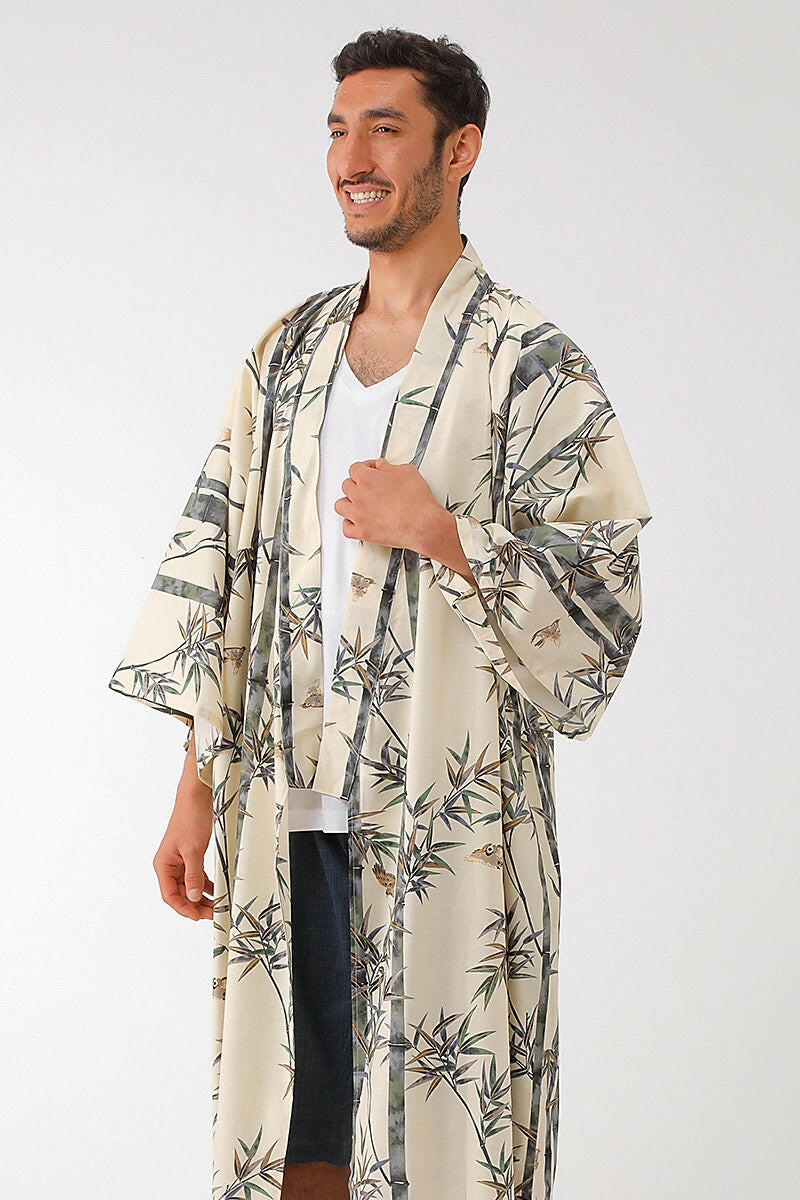 Men Bamboo & Sparrow Cotton Short Yukata Kimono.