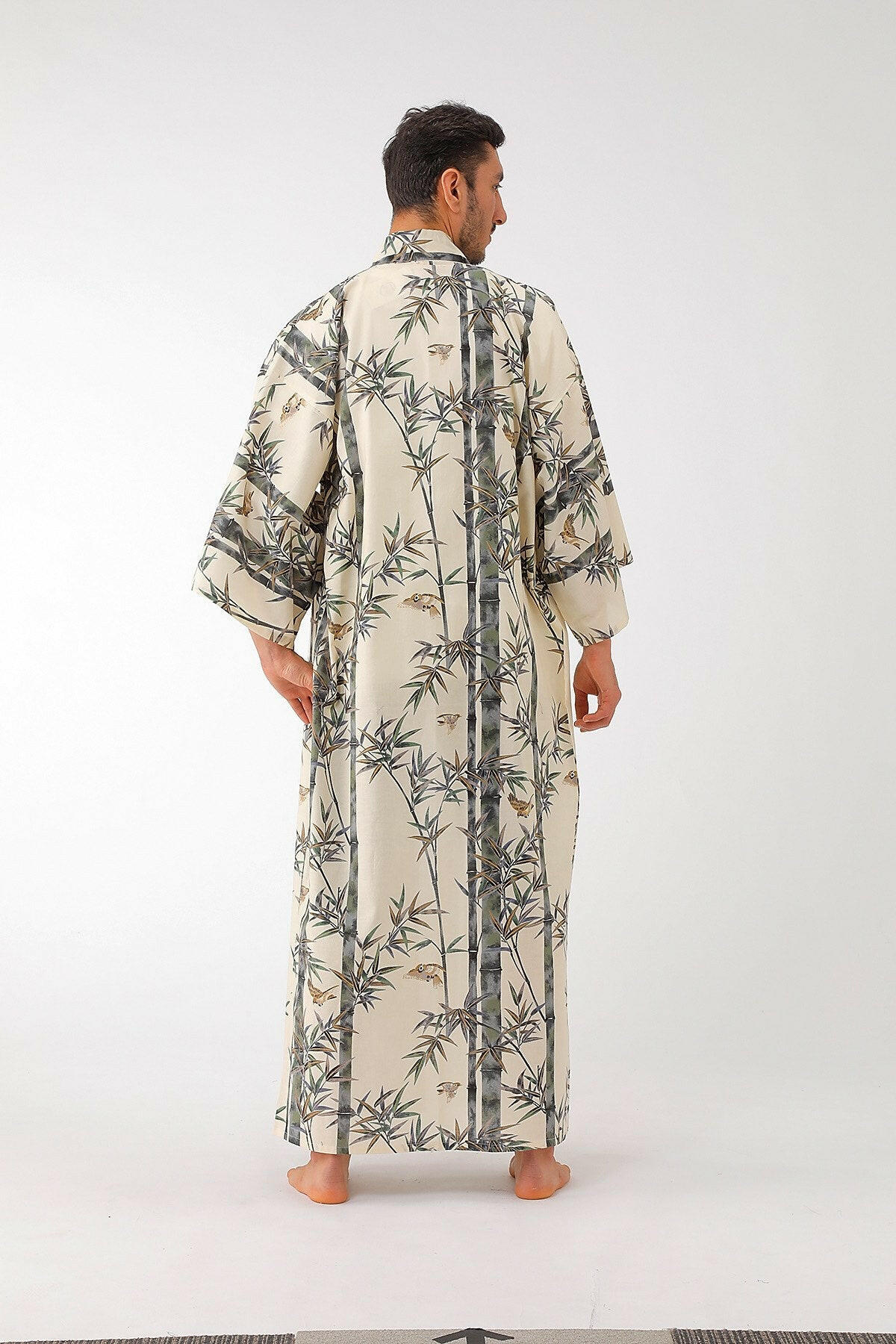 Men Bamboo & Sparrow Cotton Yukata Kimono.