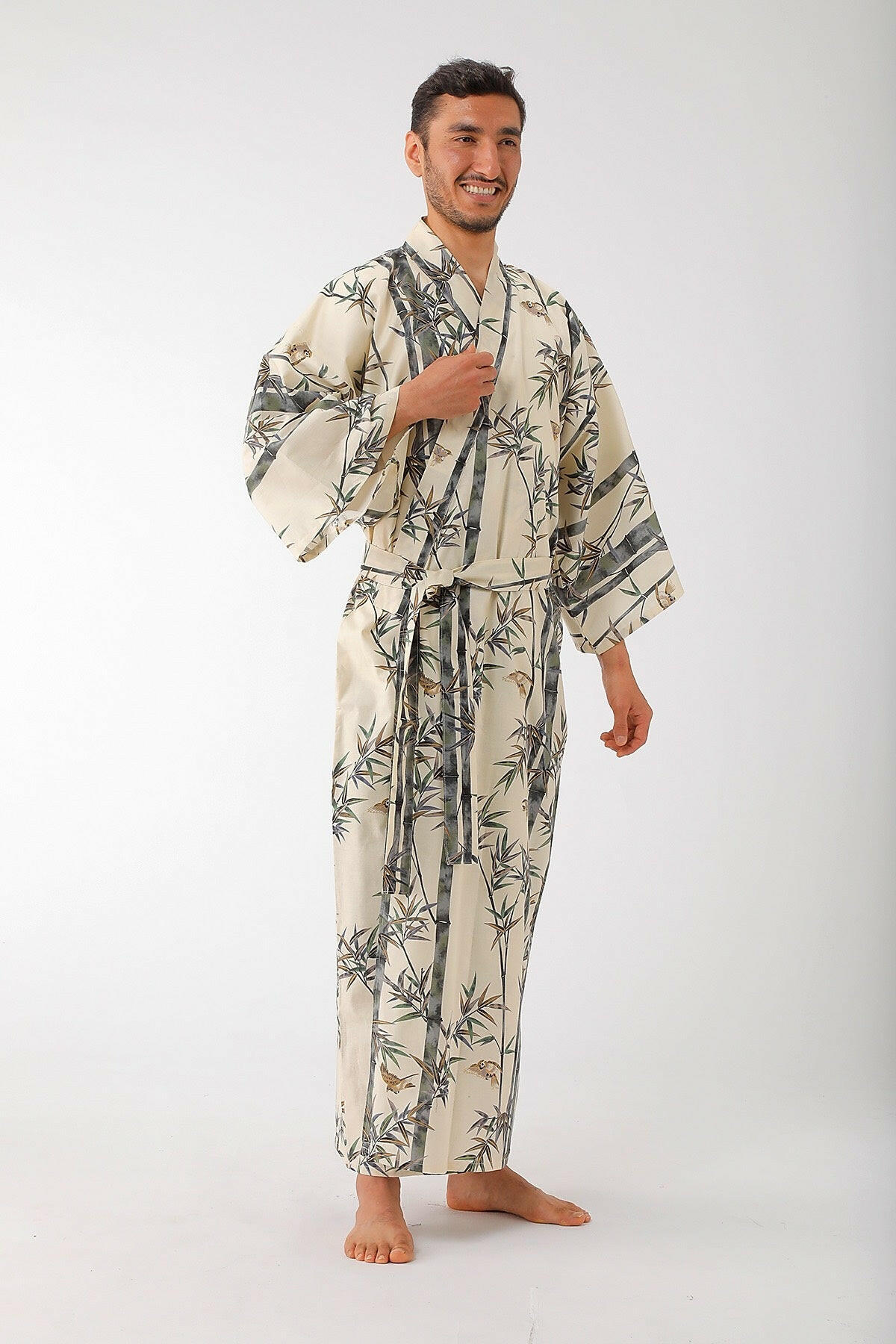 Men Bamboo & Sparrow Cotton Yukata Kimono.