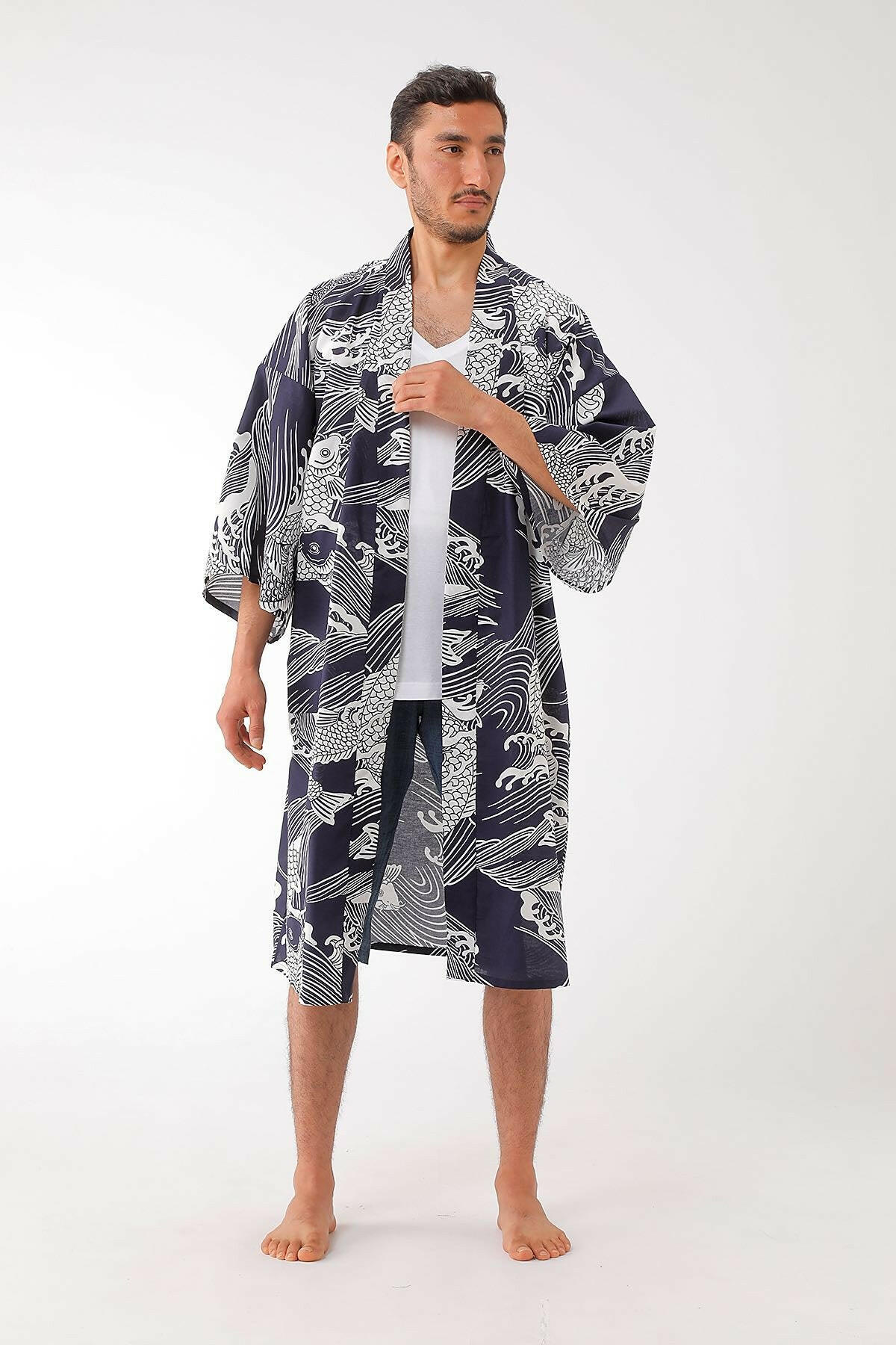 Men Carp Cotton Short Yukata Kimono.
