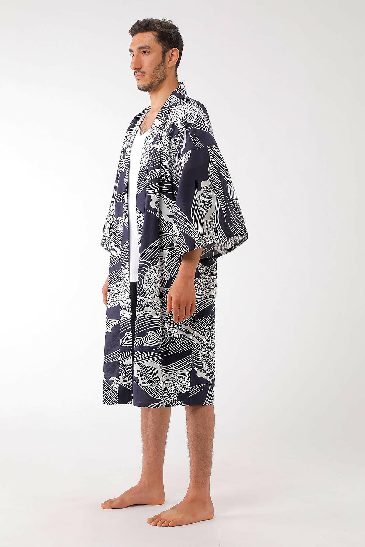 Men Carp Cotton Short Yukata Kimono.