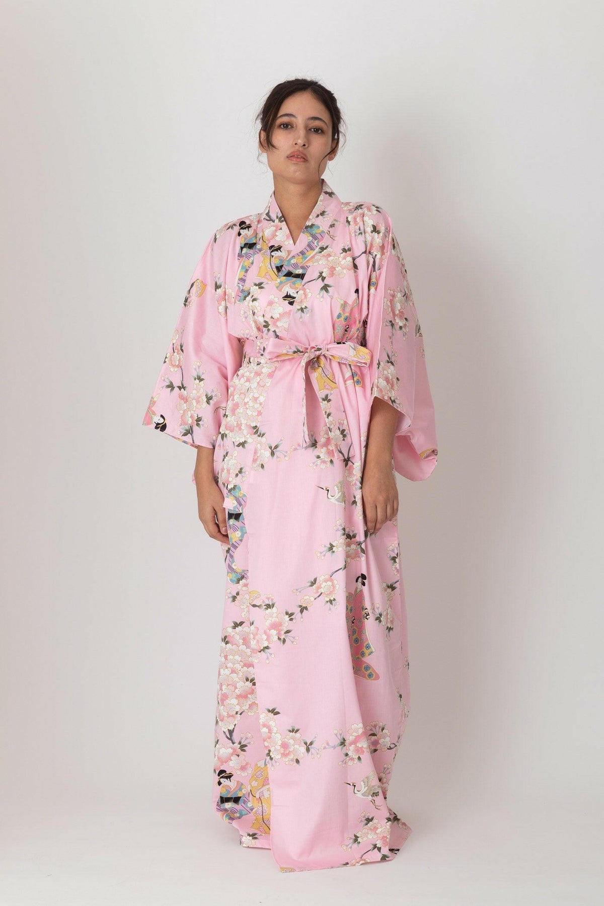 Women Cherry Blossom & Beauty Cotton Sateen Kimono Color Pink Model Front View