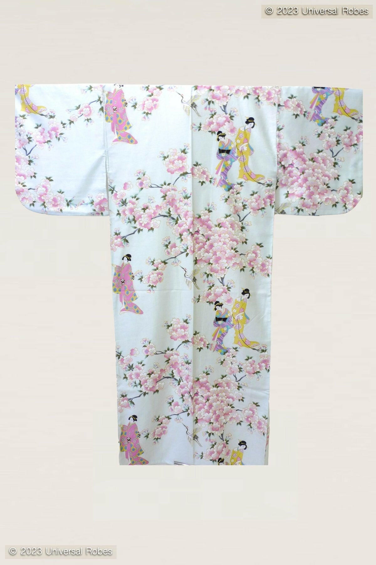 Women Cherry Blossom & Beauty Cotton Sateen Kimono Color White Product Whole View