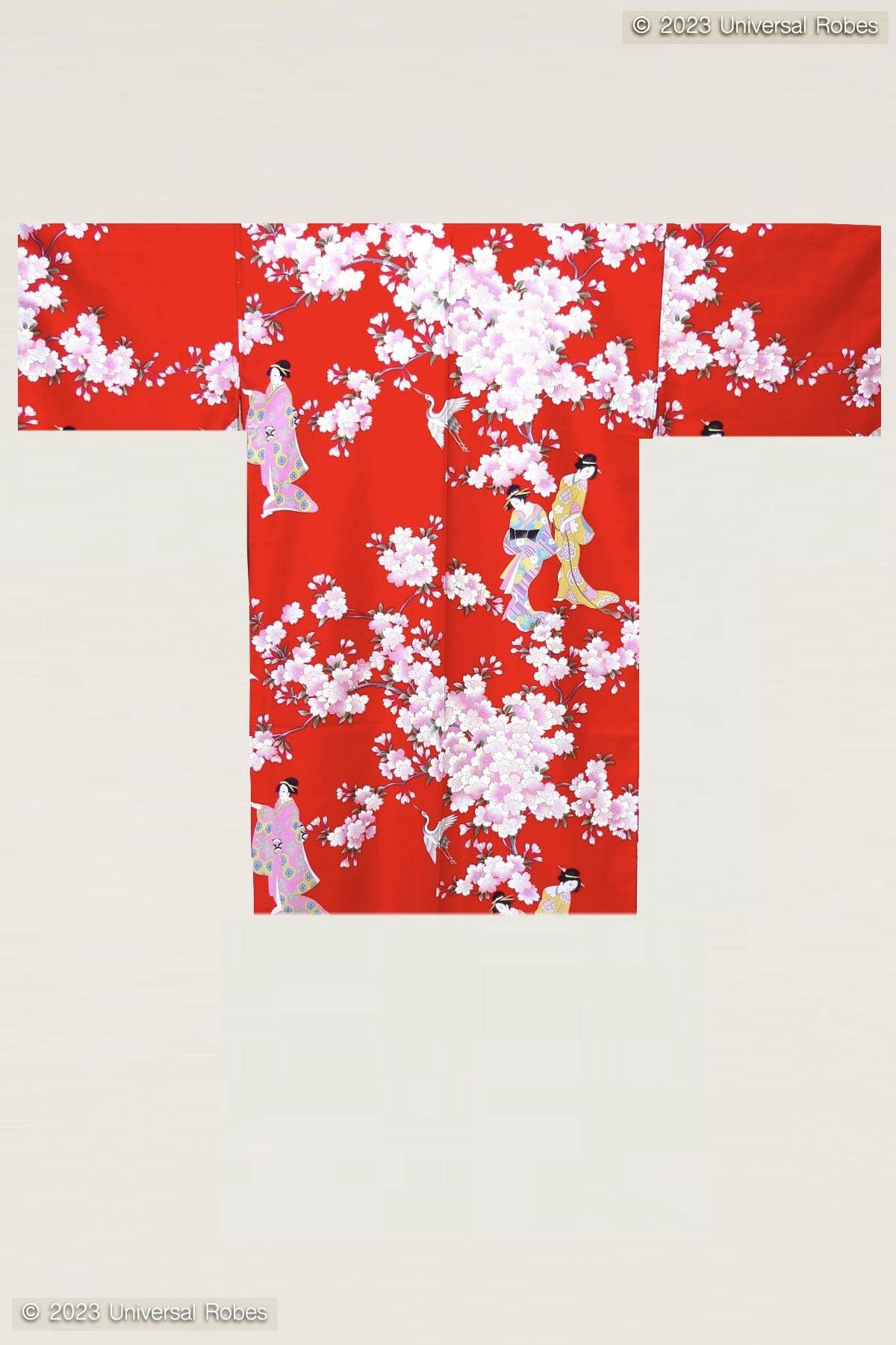 Women Cherry Blossom & Beauty Cotton Sateen Short Kimono Color Red Product Whole View