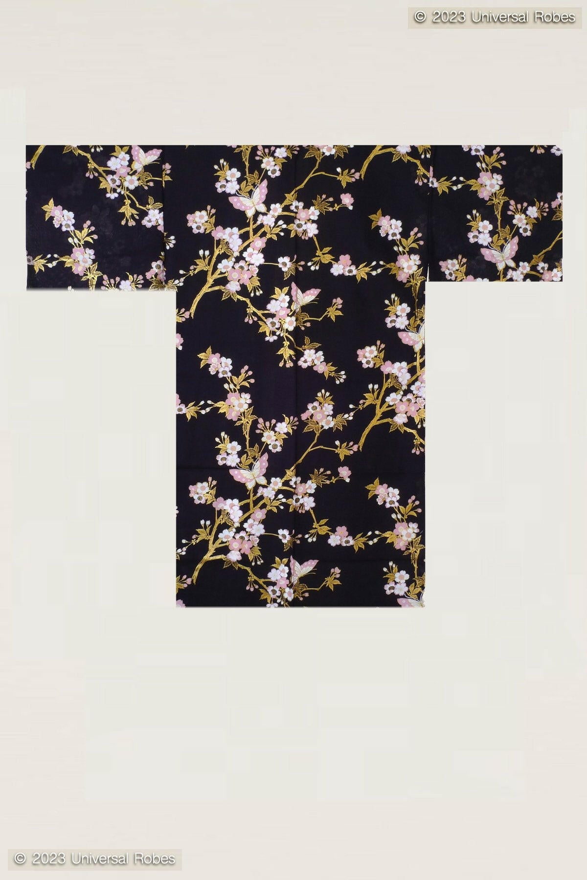 Women Cherry Blossoms & Butterfly Cotton Short Yukata Kimono Color Black Product Whole View
