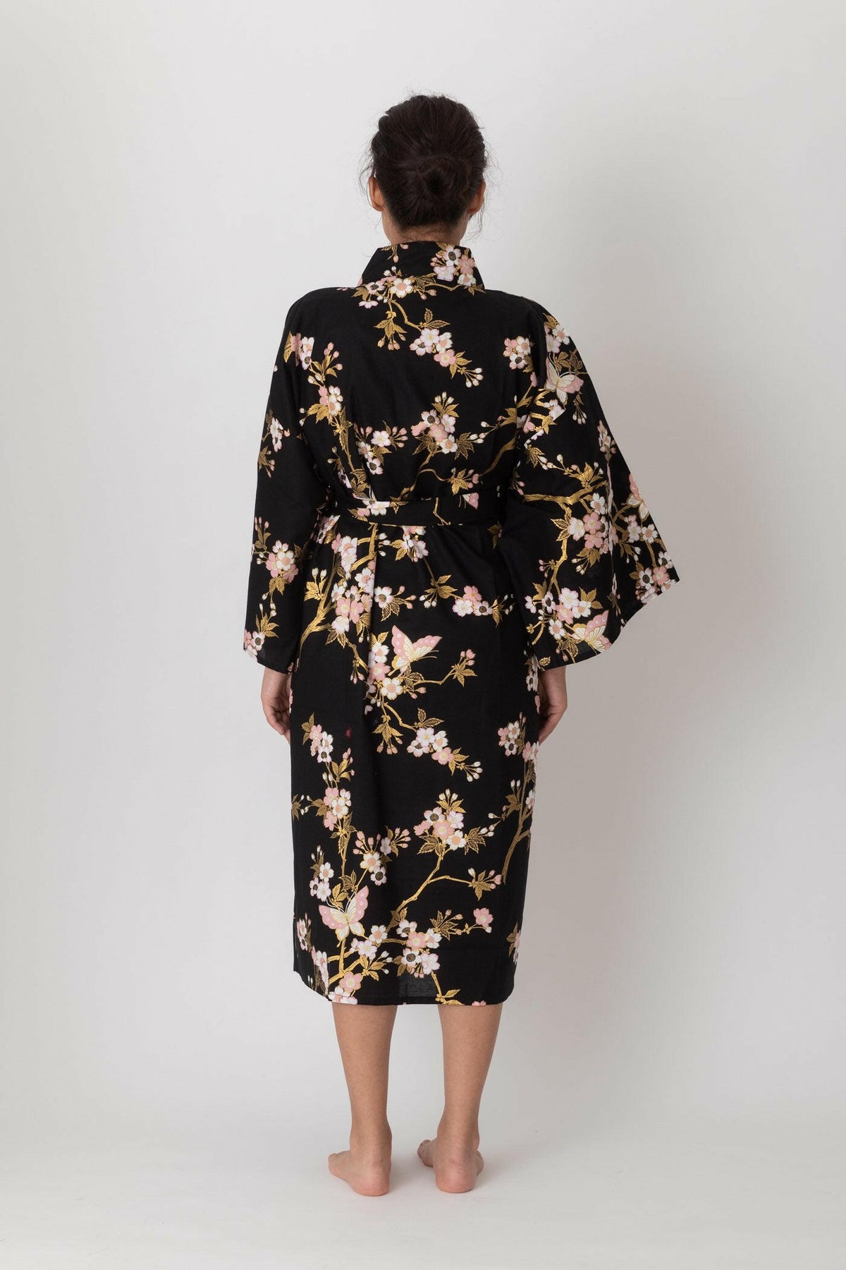 Women Cherry Blossoms & Butterfly Cotton Short Yukata Kimono Color Black Model Rear View