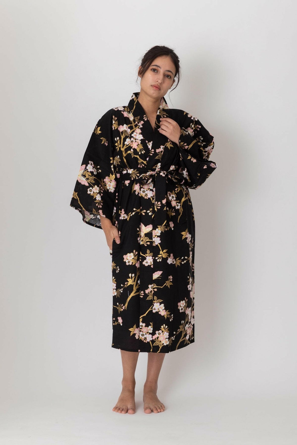 Women Cherry Blossoms & Butterfly Cotton Short Yukata Kimono Color Black Model Front View