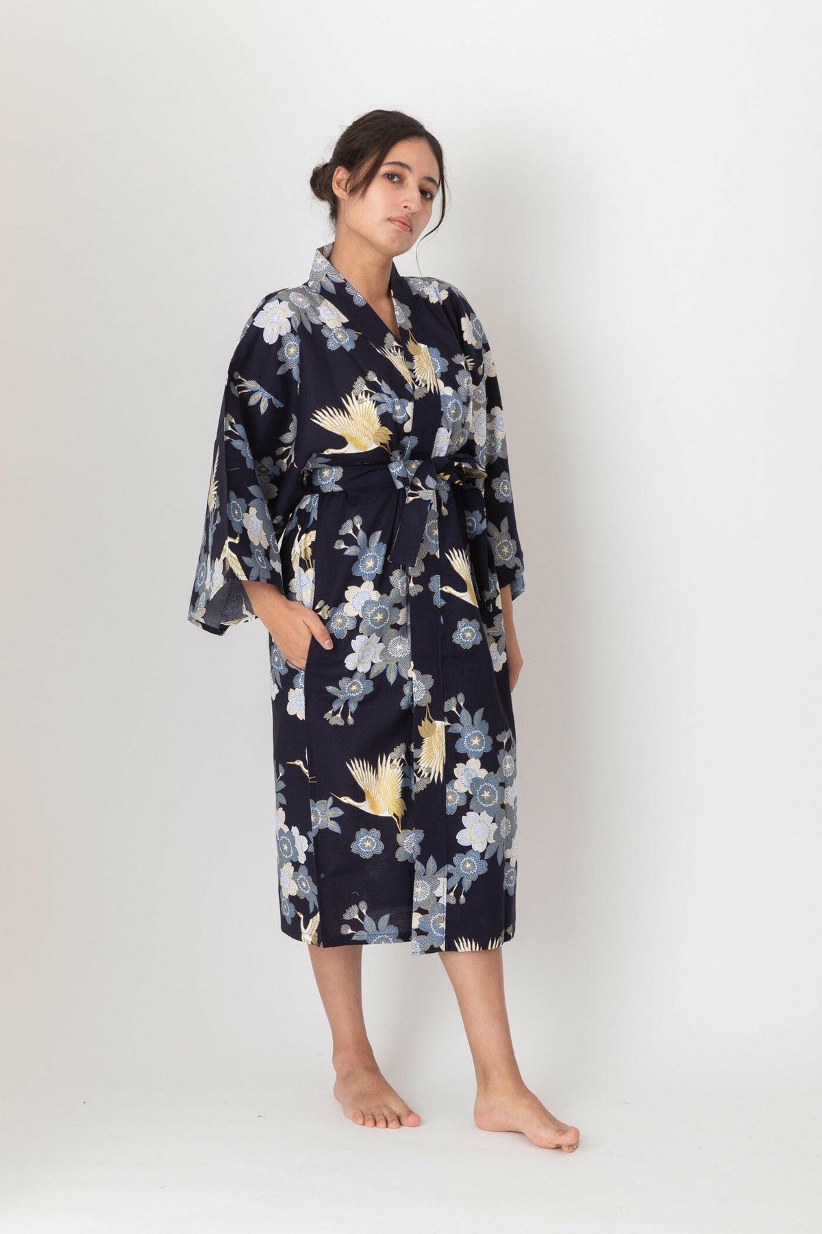 Women Cherry Blossoms & Crane Cotton Short Yukata Kimono.