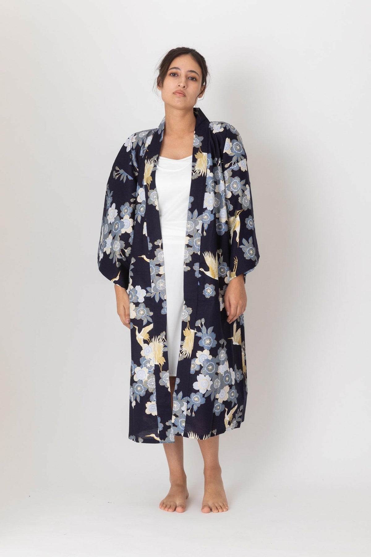 Women Cherry Blossoms & Crane Cotton Short Yukata Kimono.