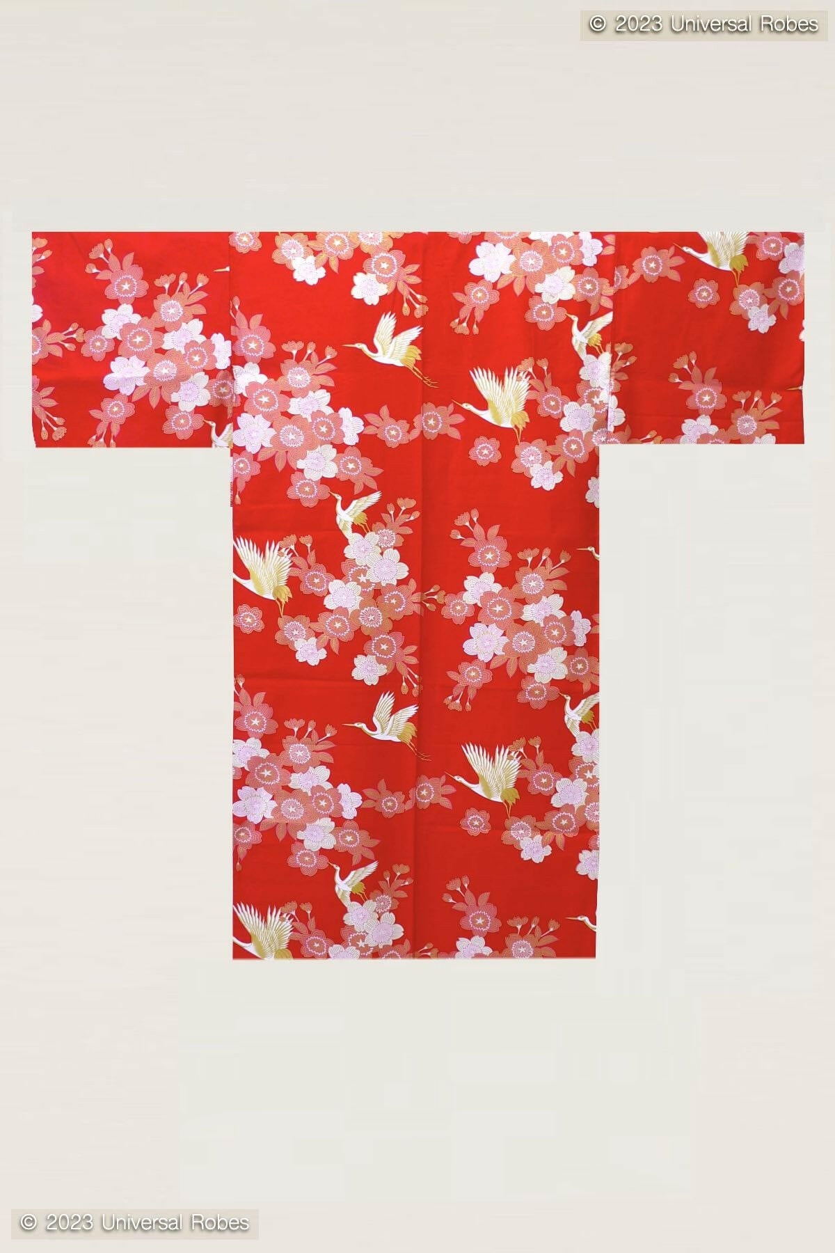 Women Cherry Blossoms & Crane Cotton Short Yukata Kimono.