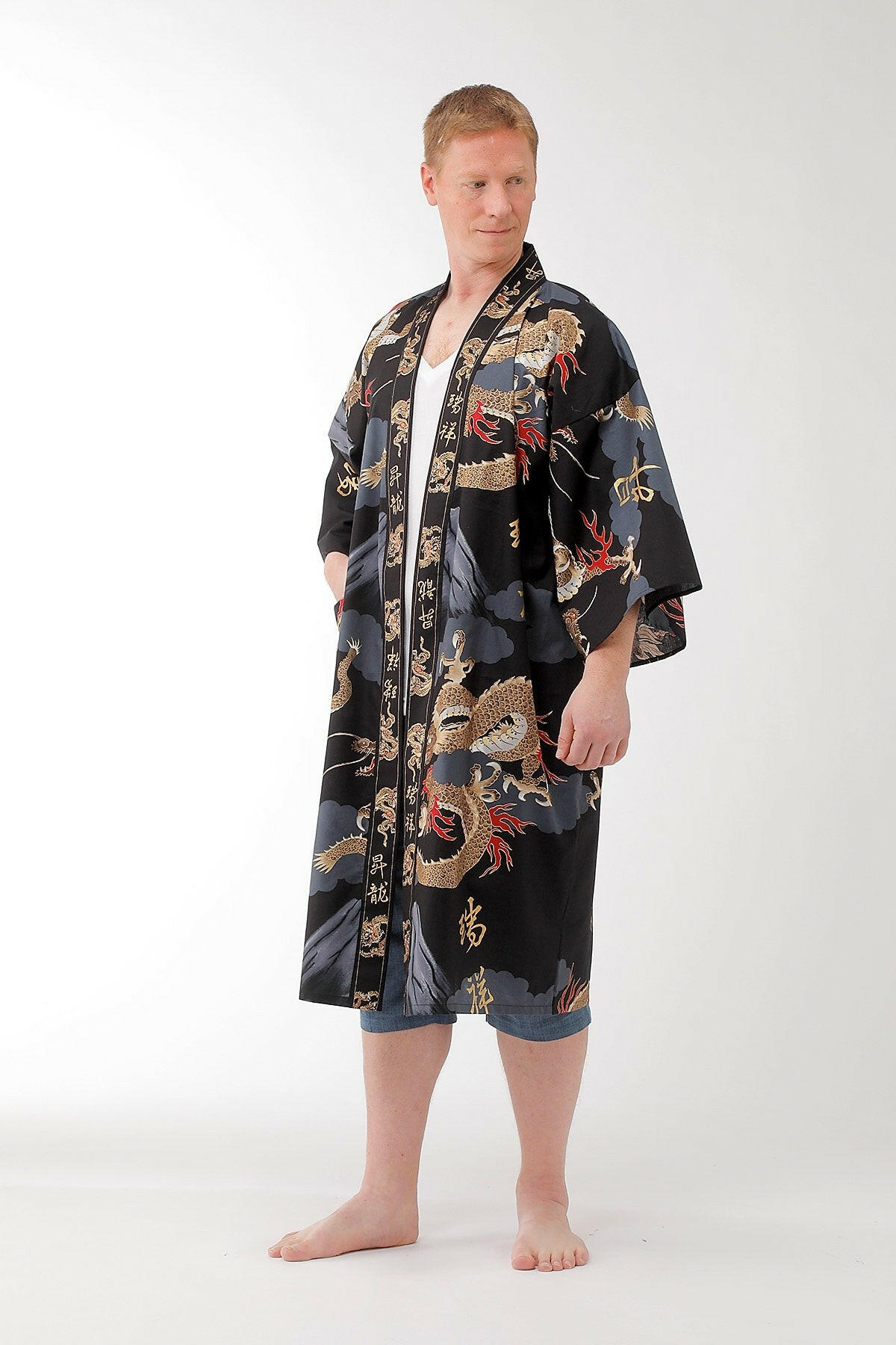 Men Dragon & Mt. Fuji Cotton Short Yukata Kimono.