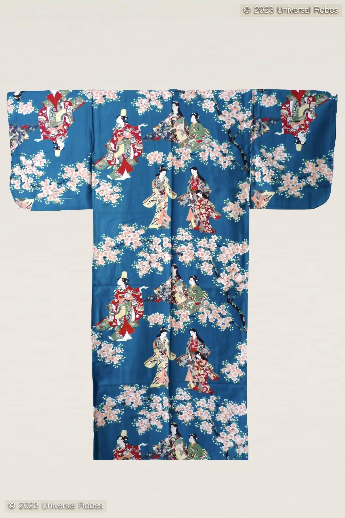 Women Flower Viewing Cotton Sateen Kimono Color Turquoise Product Whole View