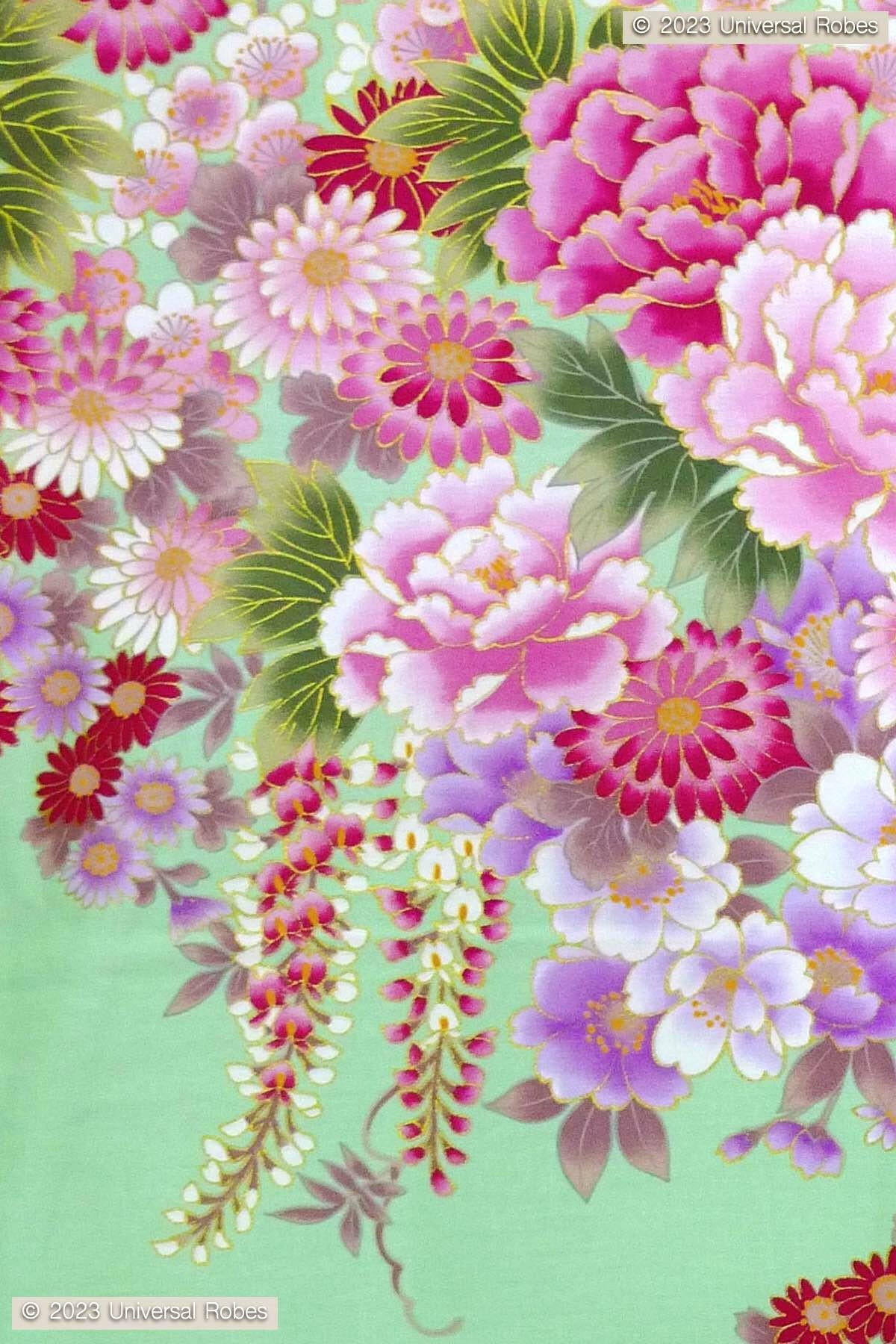 Women Flowers in Bloom Cotton Sateen Short Kimono Color Turquoise Product Zoom View