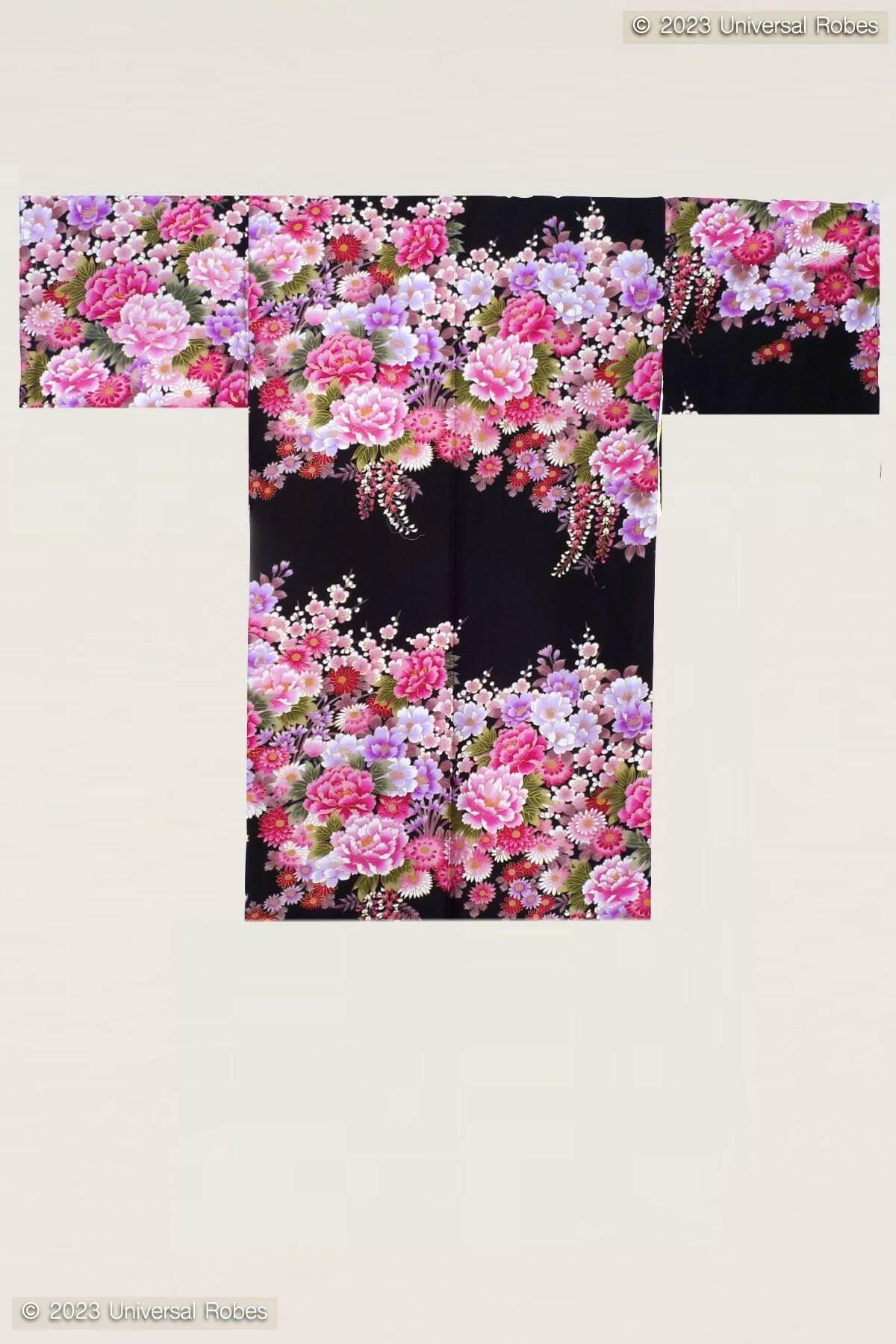 Women Flowers in Bloom Cotton Sateen Short Kimono Color Black Product Whole View