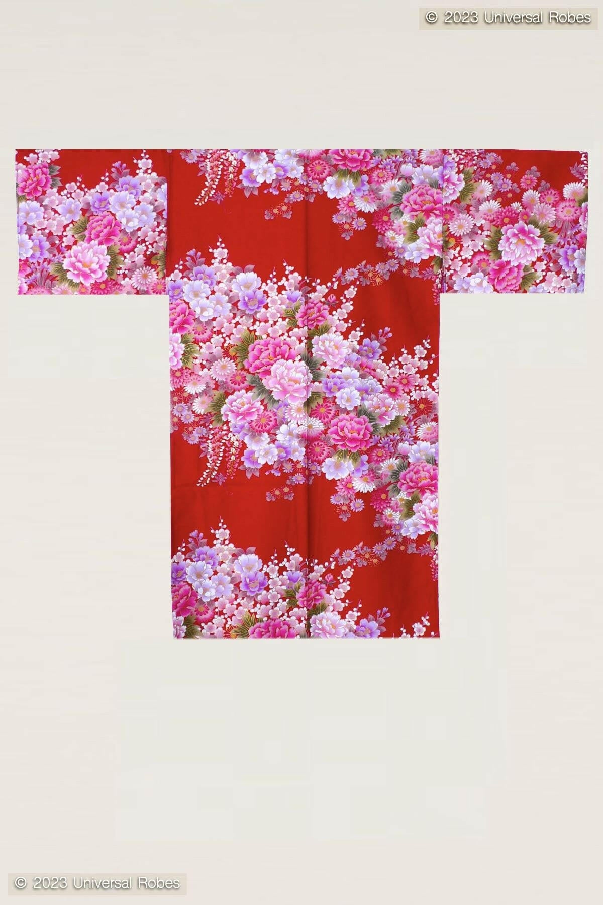Women Flowers in Bloom Cotton Sateen Short Kimono Color Red Product Whole View