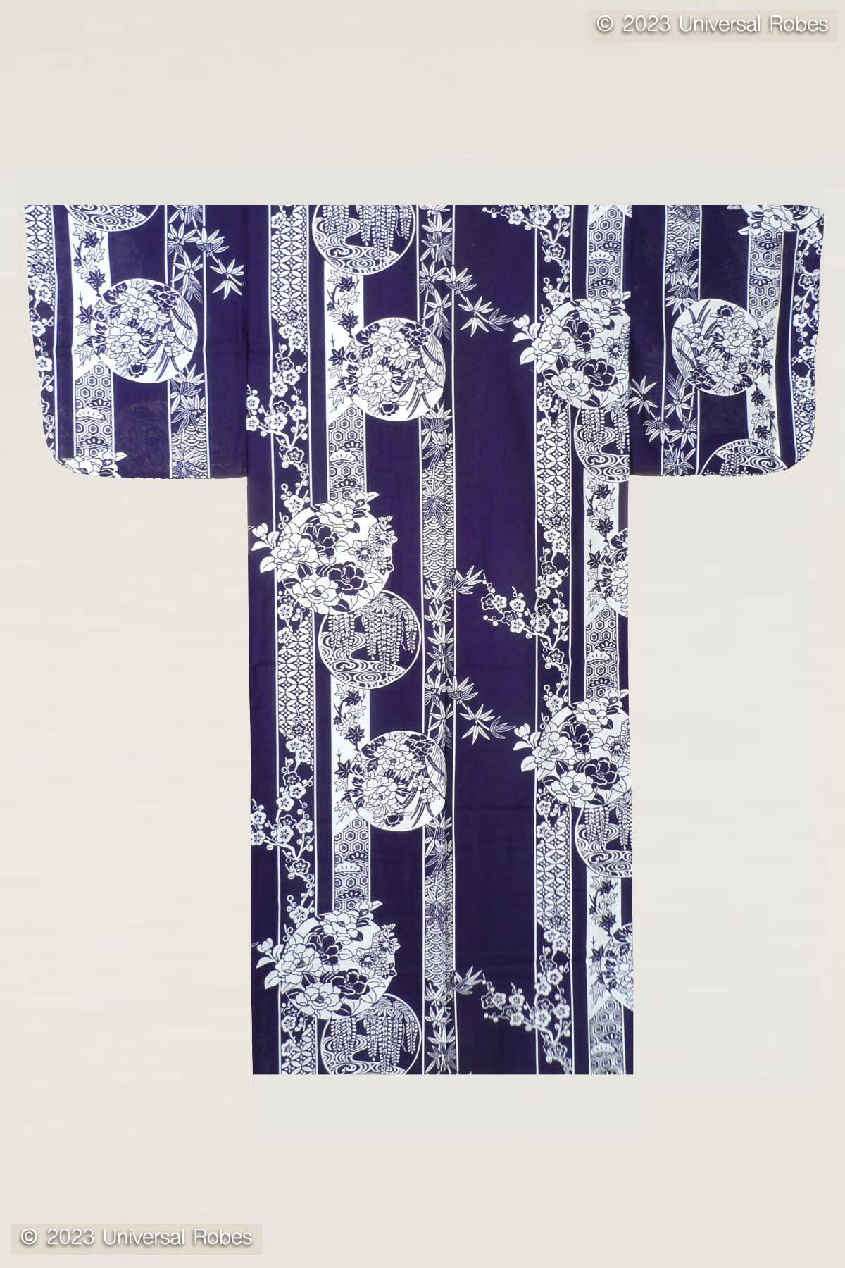 Women Flowers in Circles Cotton Yukata Kimono.
