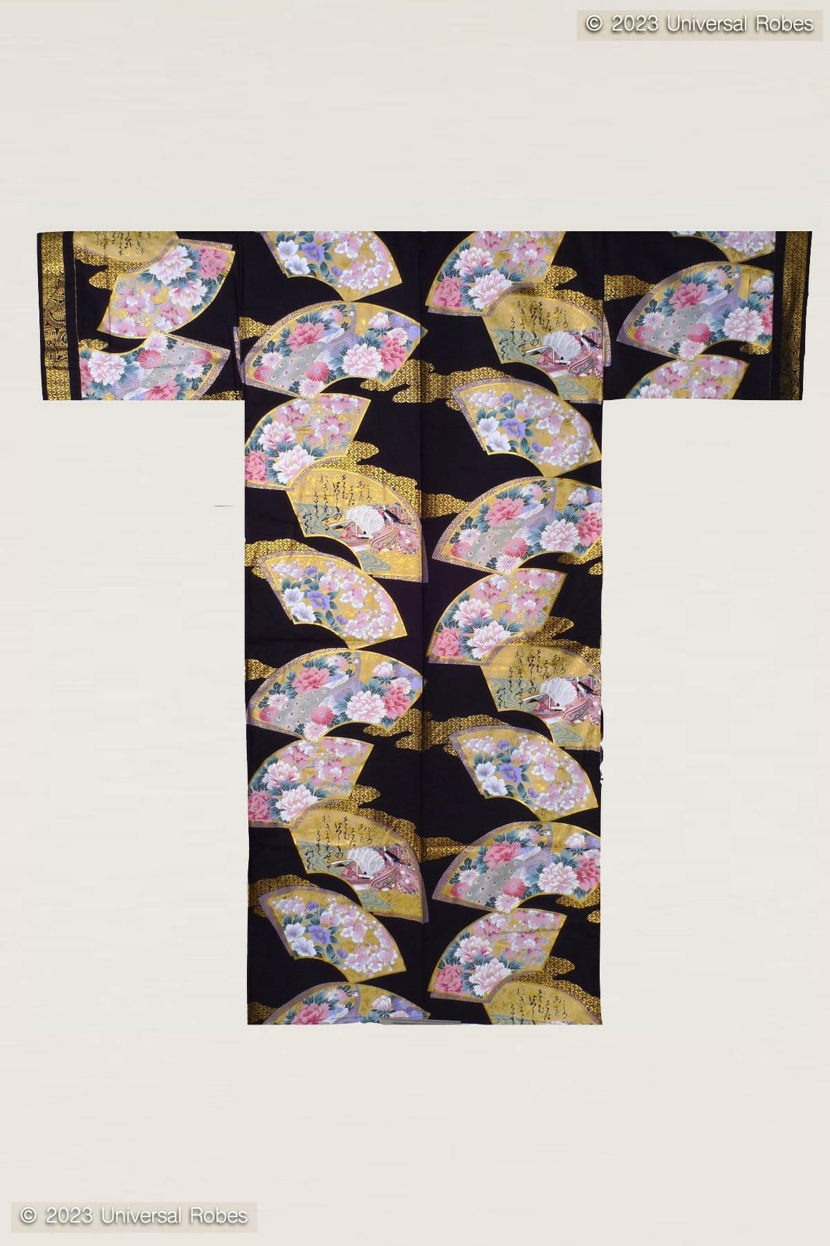 Women Flowers in Folding Fans Cotton Sateen Kimono Color Black Product Whole View