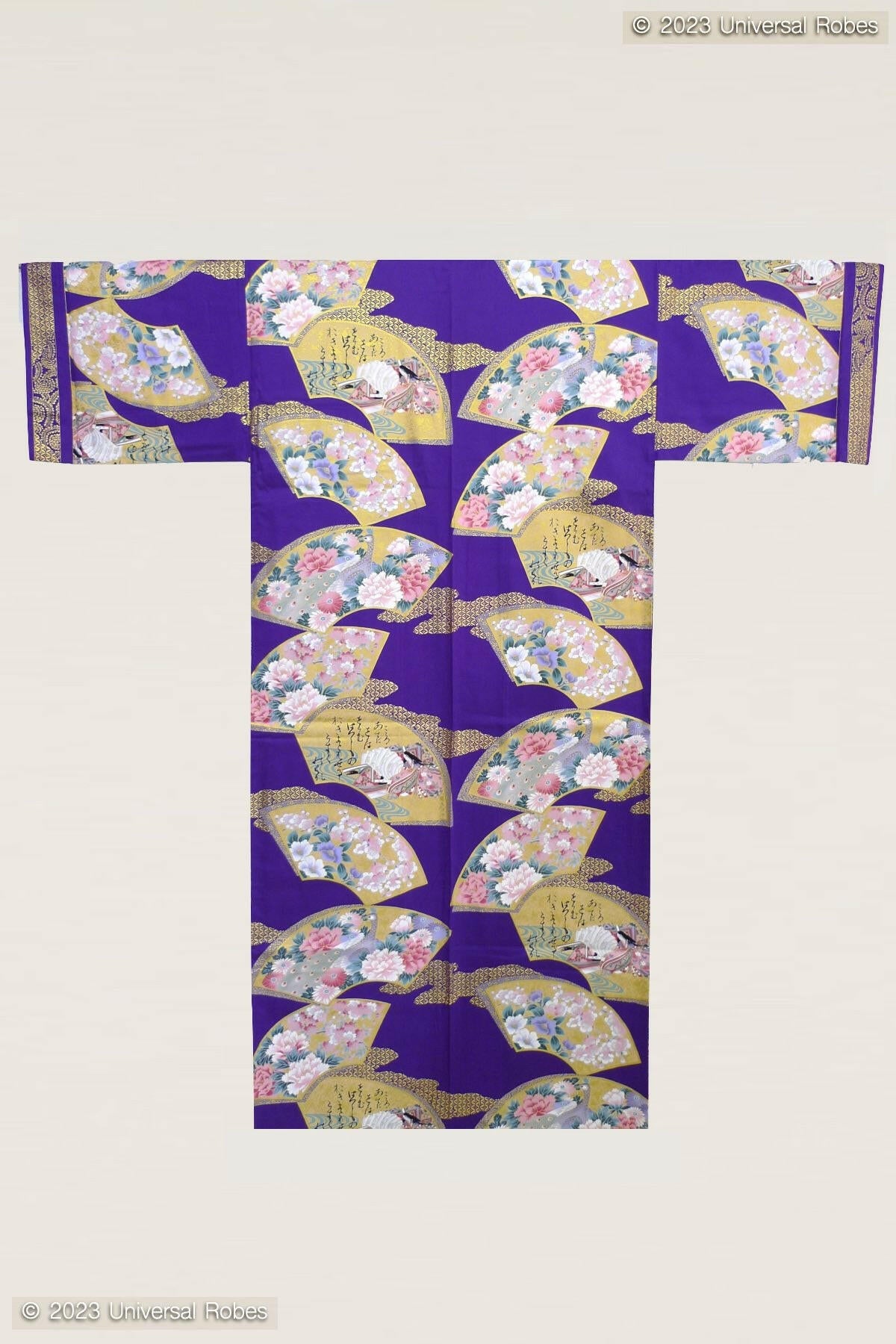 Women Flowers in Folding Fans Cotton Sateen Kimono Color Purple Product Whole View