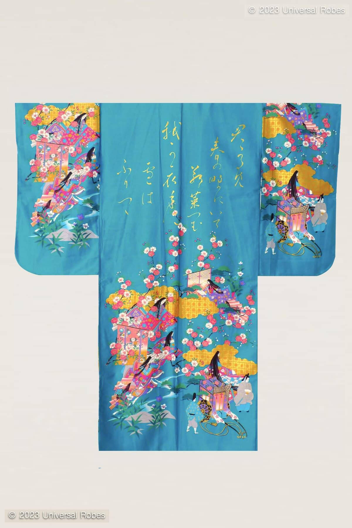Women Gilt Poem & Princess Cotton Sateen Kimono Color Turquoise Product Whole View