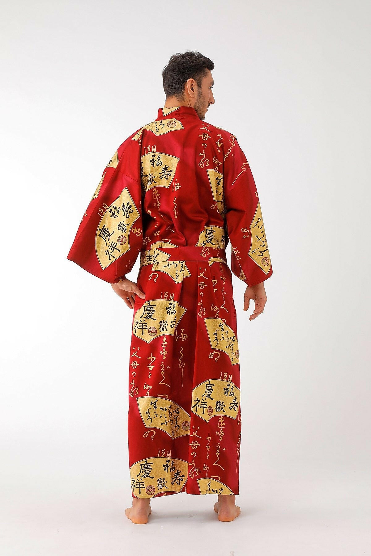 Men Golden Folding Fan Cotton Sateen Kimono.