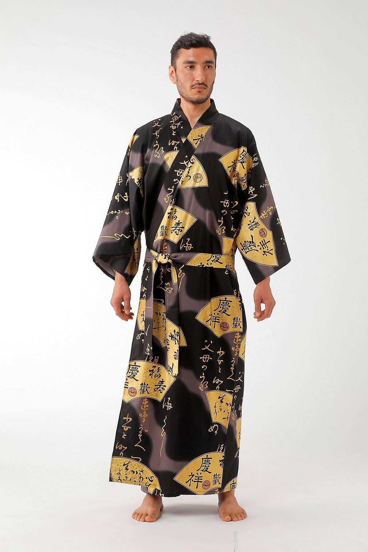 Men Golden Folding Fan Cotton Sateen Kimono.