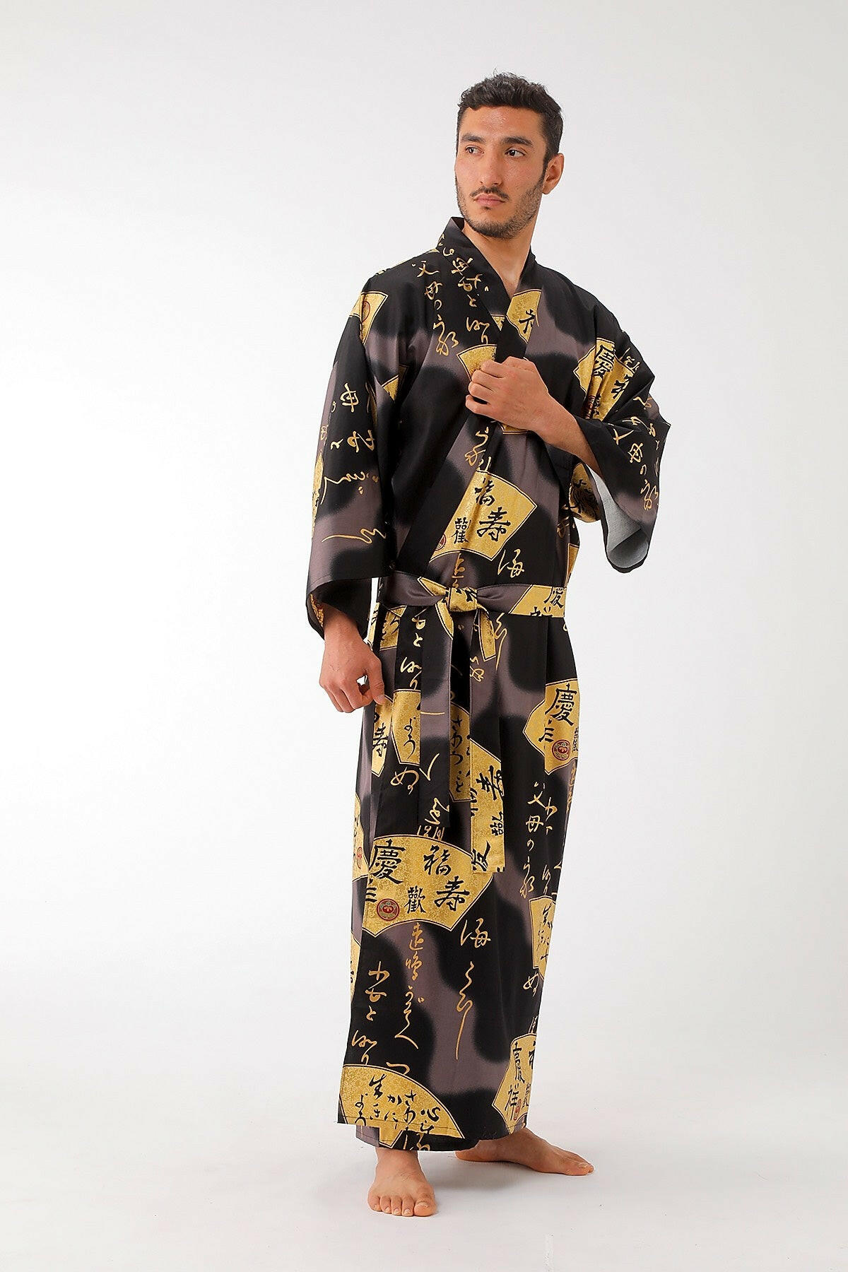 Men Golden Folding Fan Cotton Sateen Kimono.