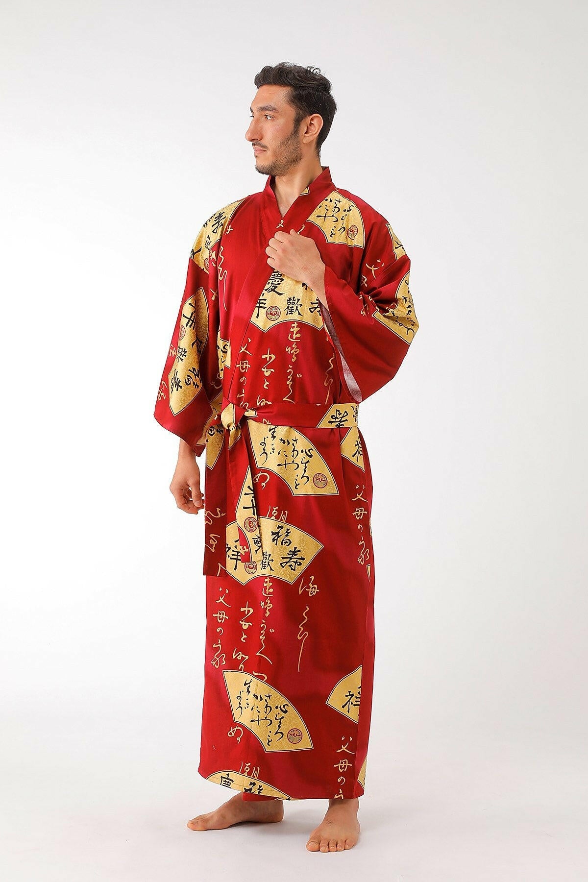 Men Golden Folding Fan Cotton Sateen Kimono.
