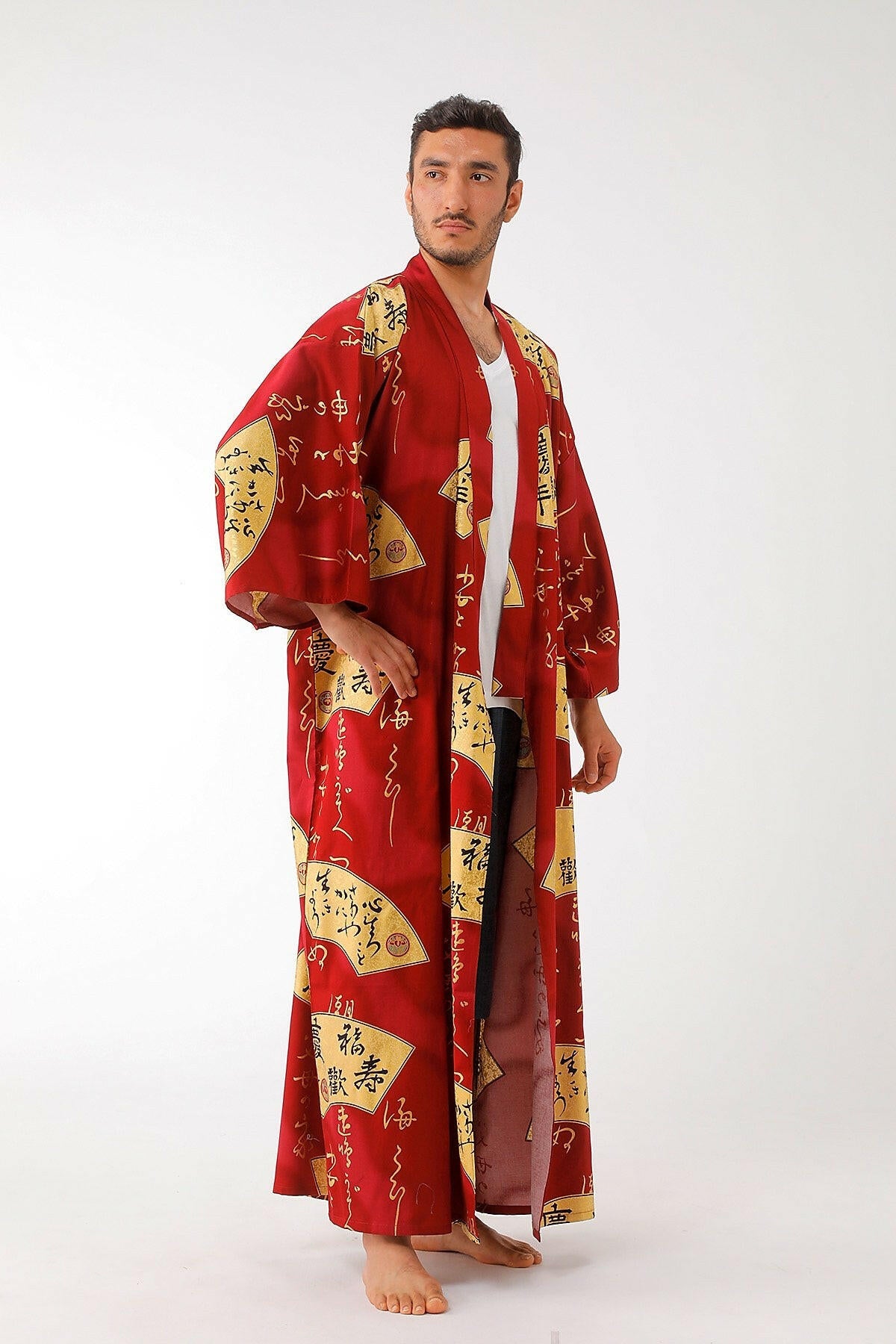 Men Golden Folding Fan Cotton Sateen Kimono.