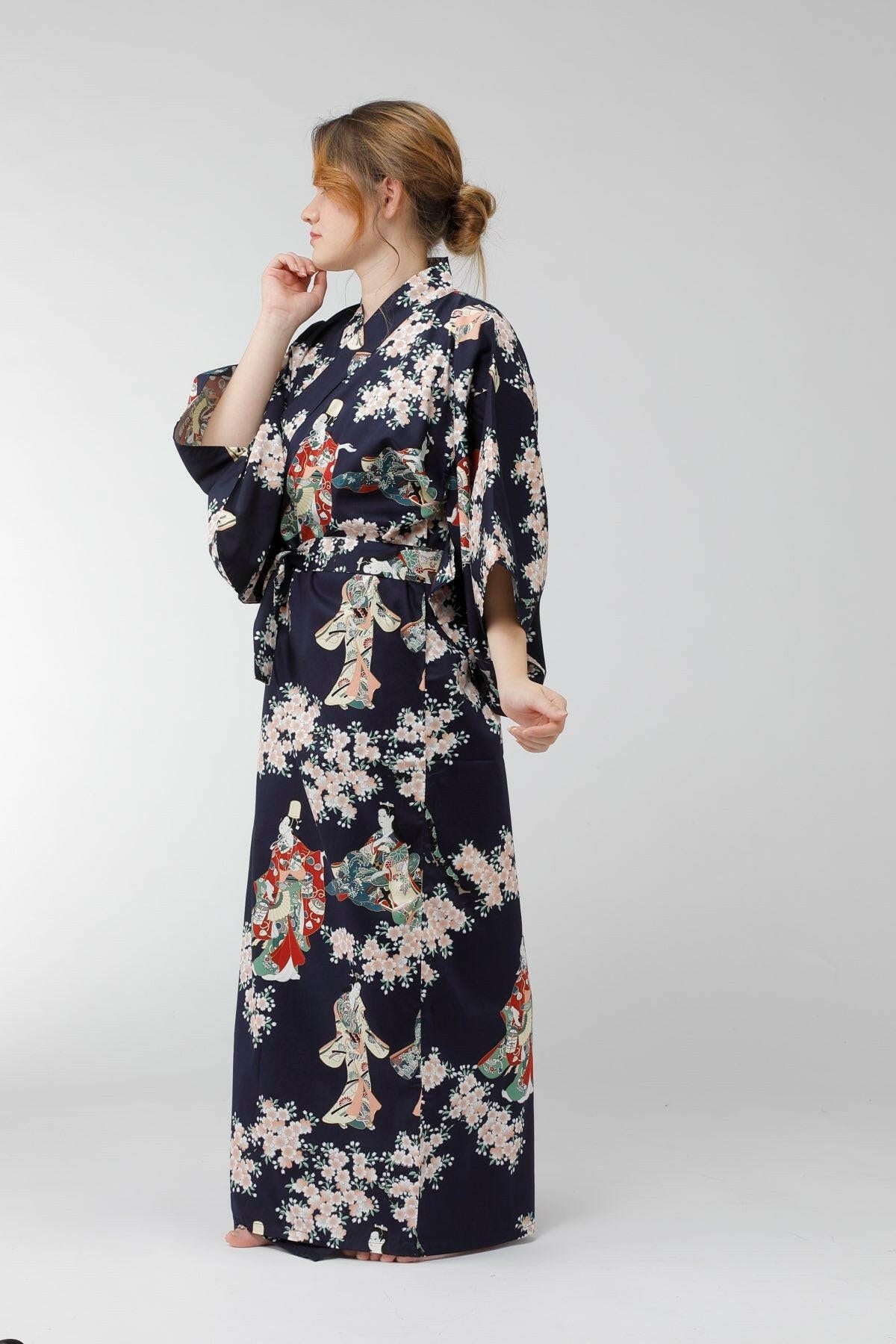 Women Flower Viewing Cotton Sateen Kimono Color Navy Model Side View
