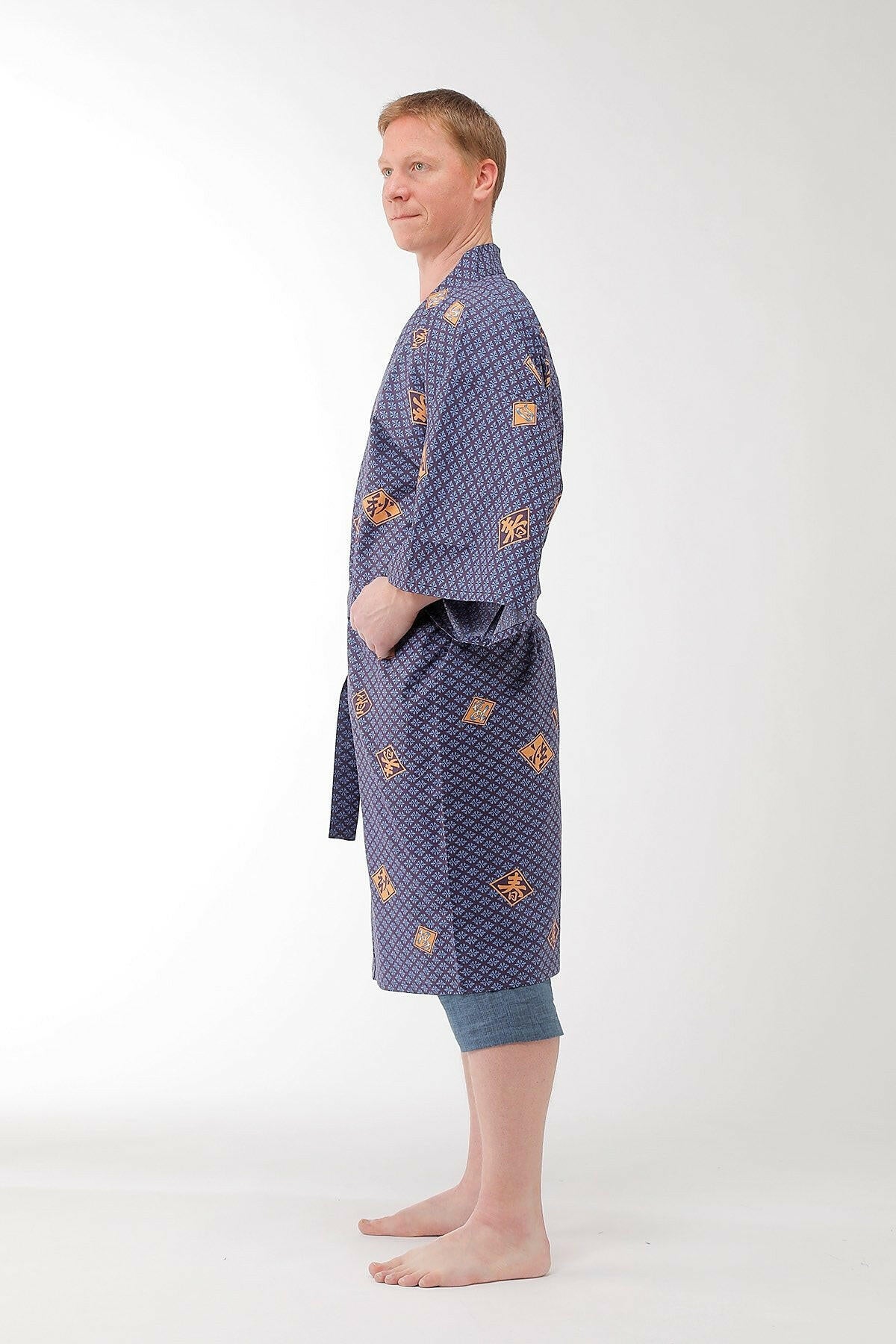 Men Diamond Pattern Cotton Short Yukata Kimono.