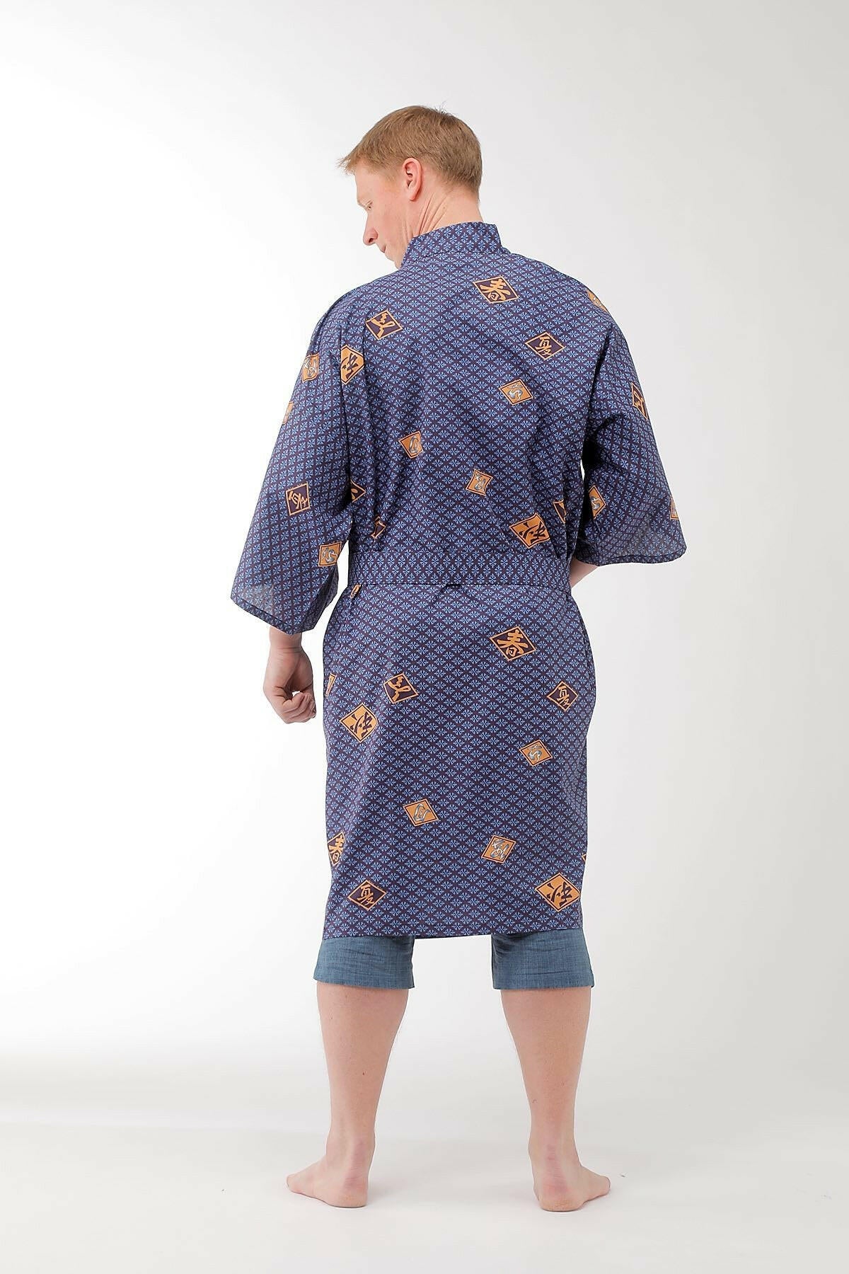Men Diamond Pattern Cotton Short Yukata Kimono.