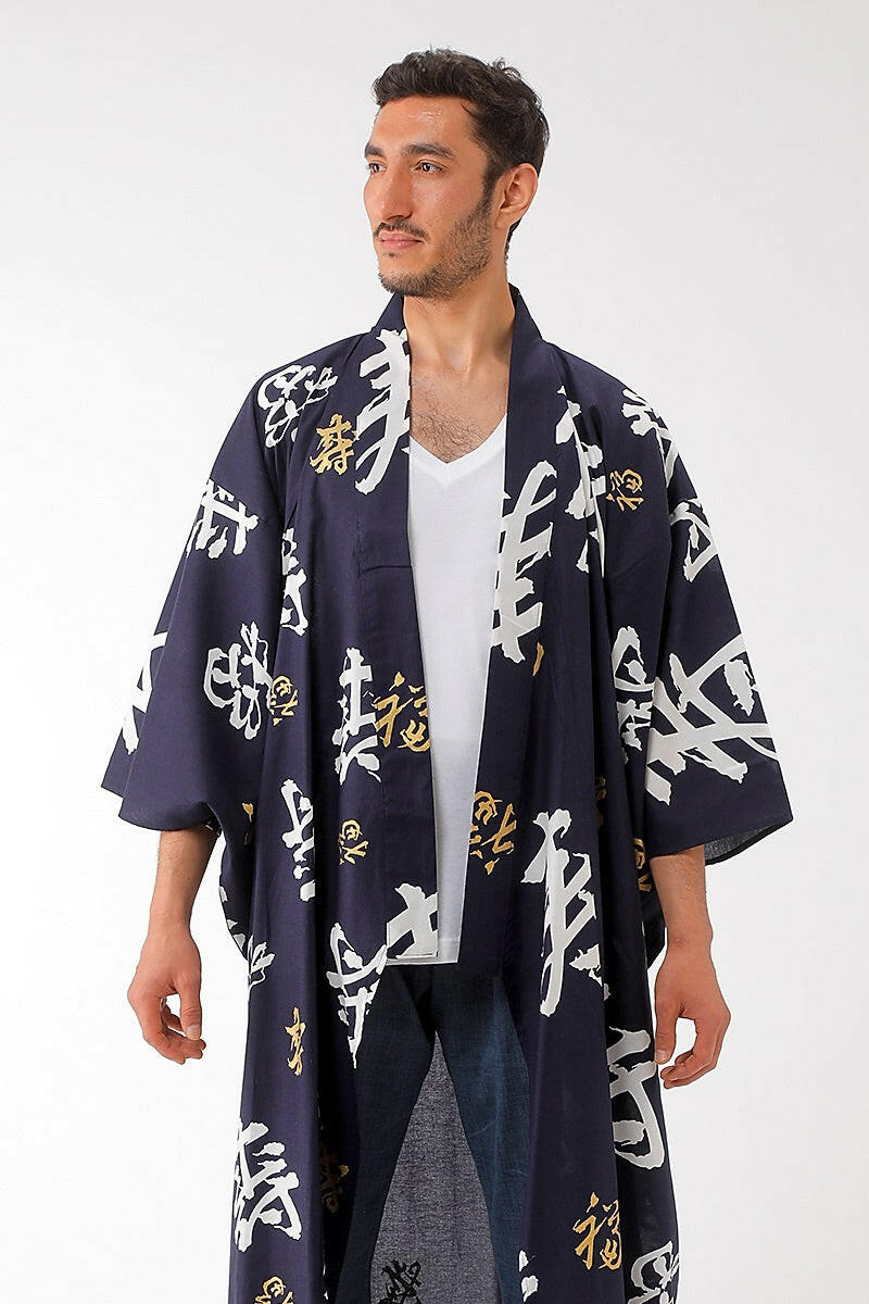 Men Happy Longevity Cotton Short Yukata Kimono.