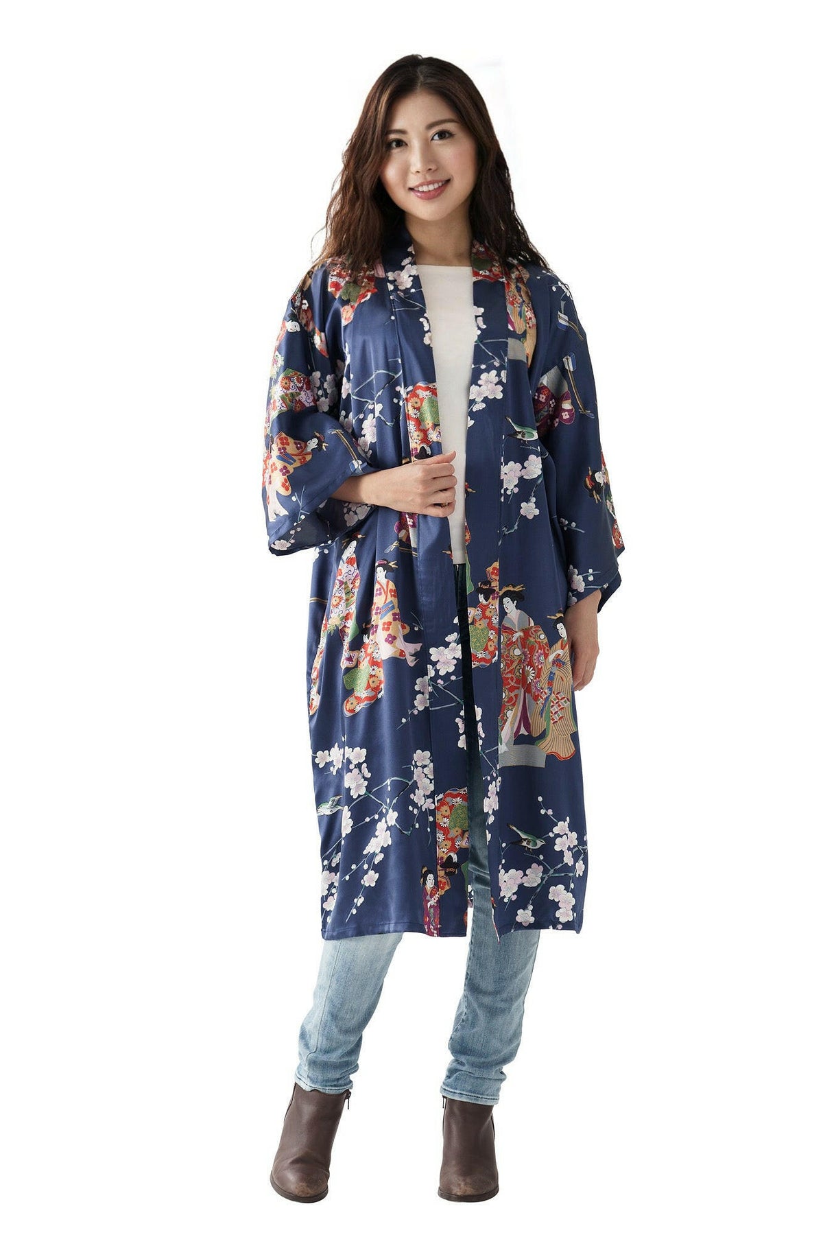Women Kimono Beauty Silk Short Kimono Color Navy Model Front No Belt View