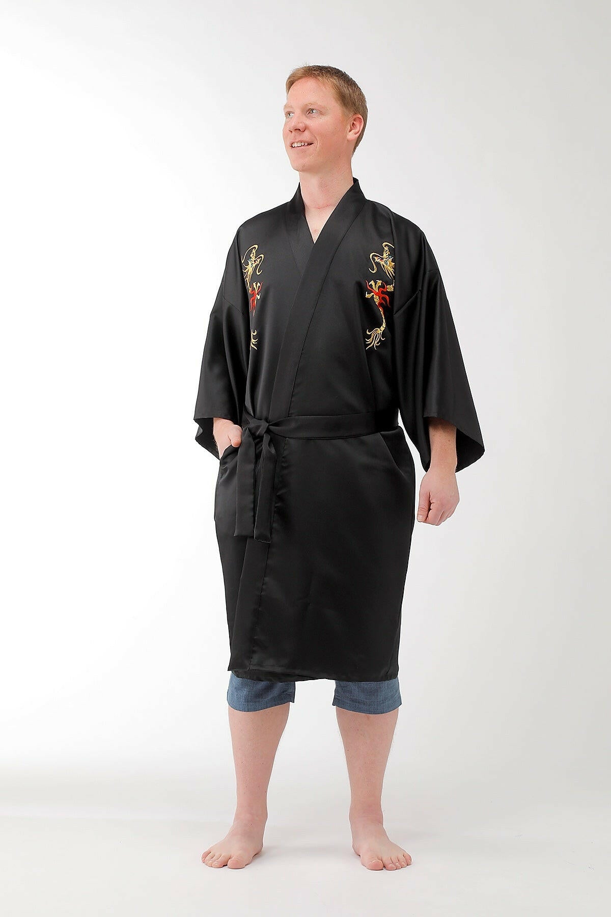 Men Flare Dragon Polyester Short Kimono.