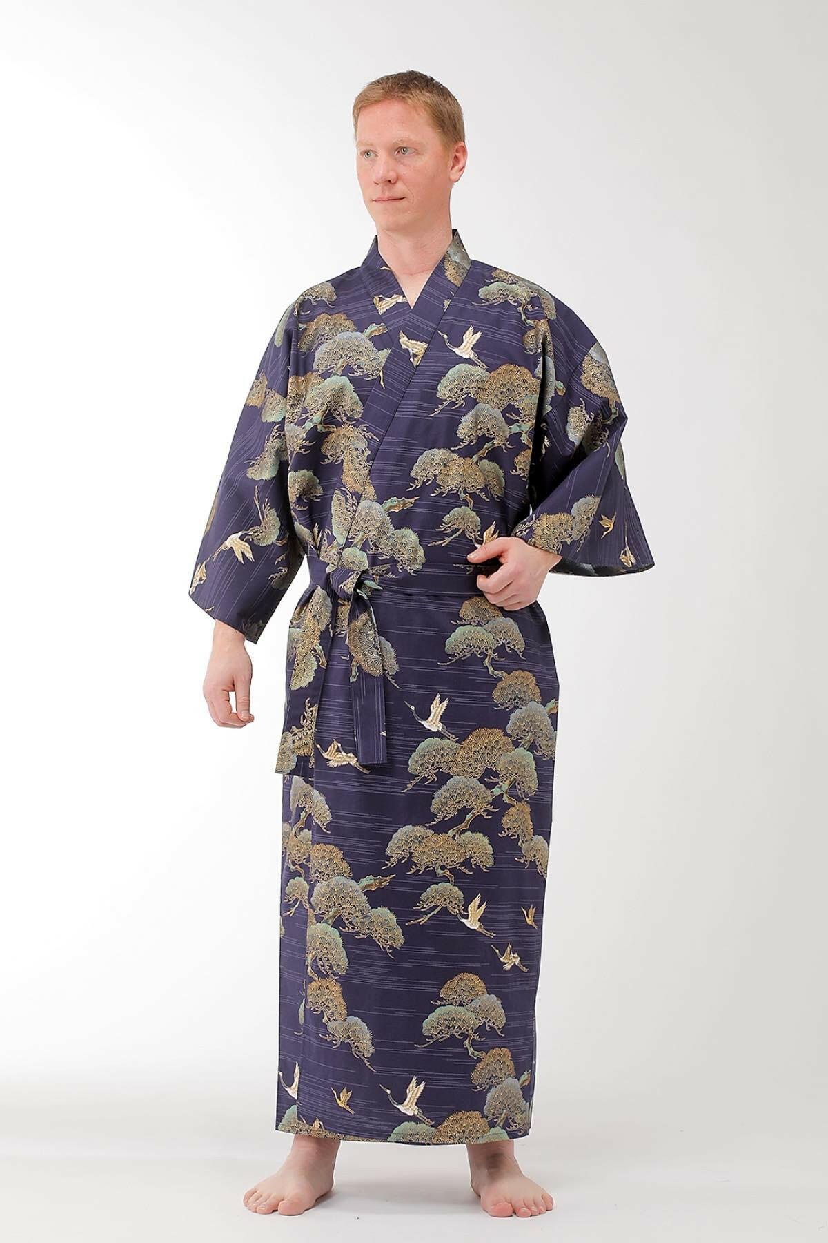 Men Pine & Crane Cotton Yukata Kimono.