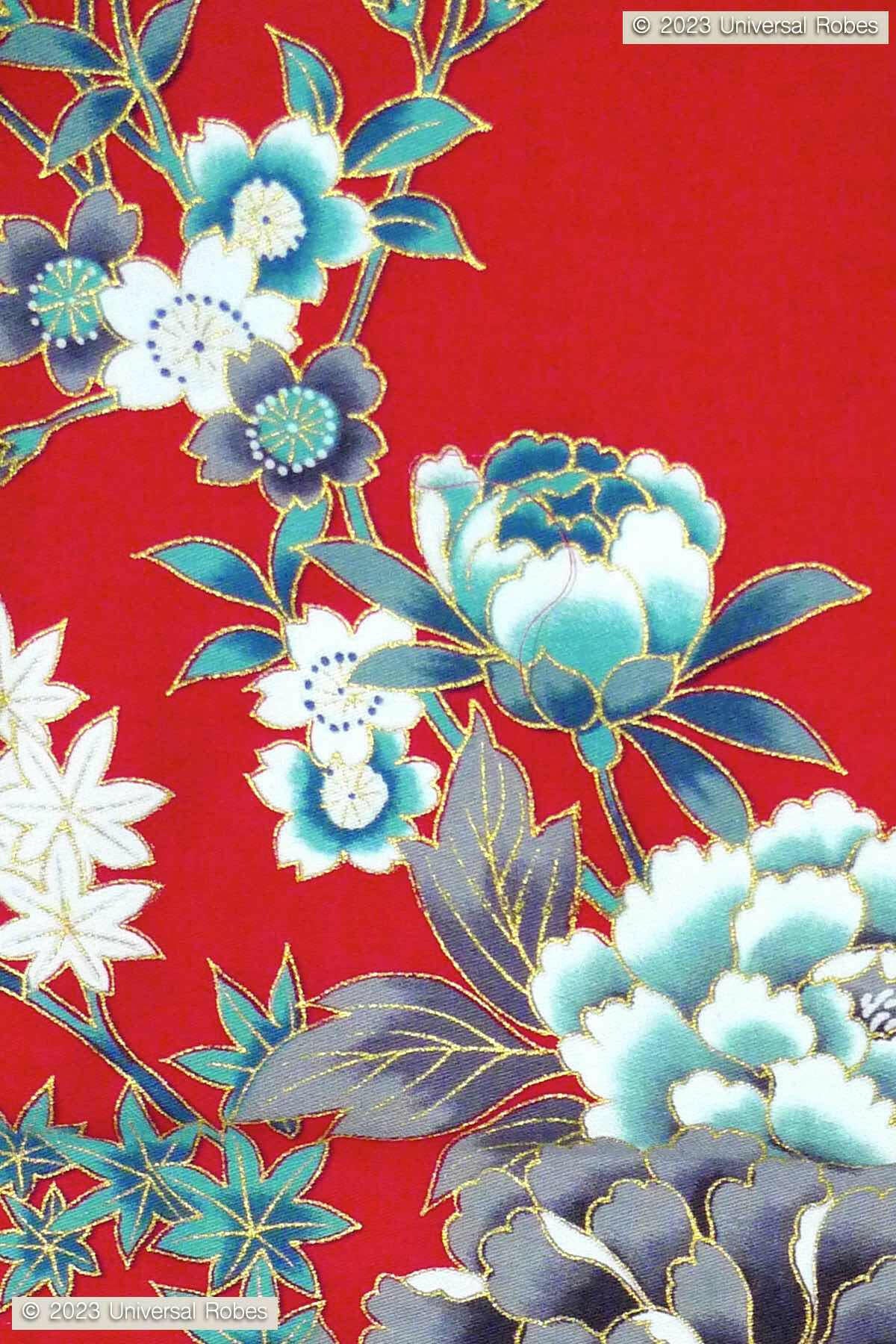 Women Peony & Cherry Blossom Cotton Sateen Kimono Color Red Product Zoom View