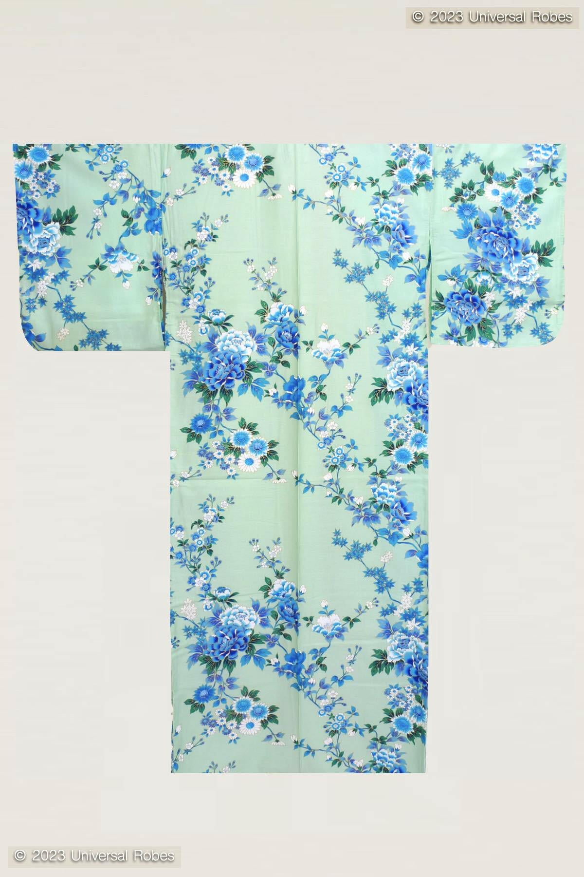 Women Peony & Cherry Blossom Cotton Sateen Kimono Color Turquoise Product Whole View