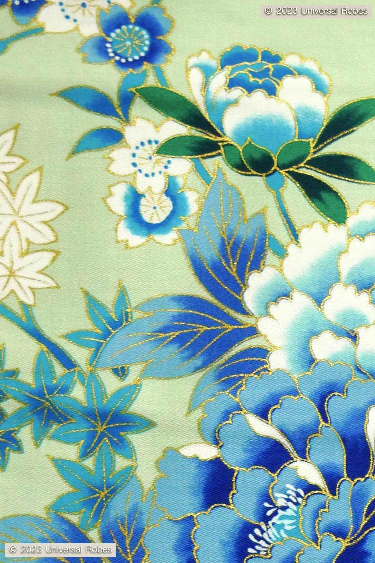 Women Peony & Cherry Blossom Cotton Sateen Kimono Color Turquoise Product Zoom View