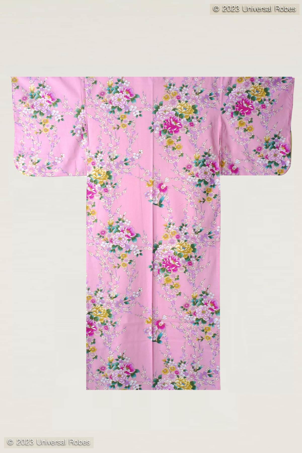 Women Peony & Orchis Cotton Yukata Kimono Color Pink Product Whole View