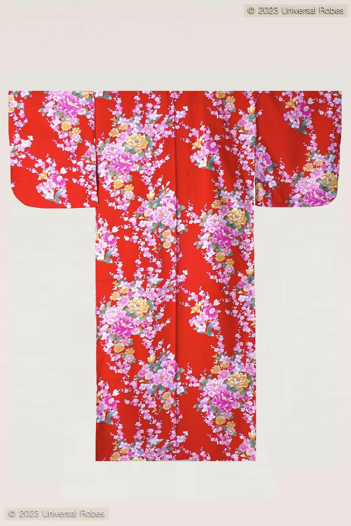 Women Peony & Orchis Cotton Yukata Kimono Color Red Product Whole View