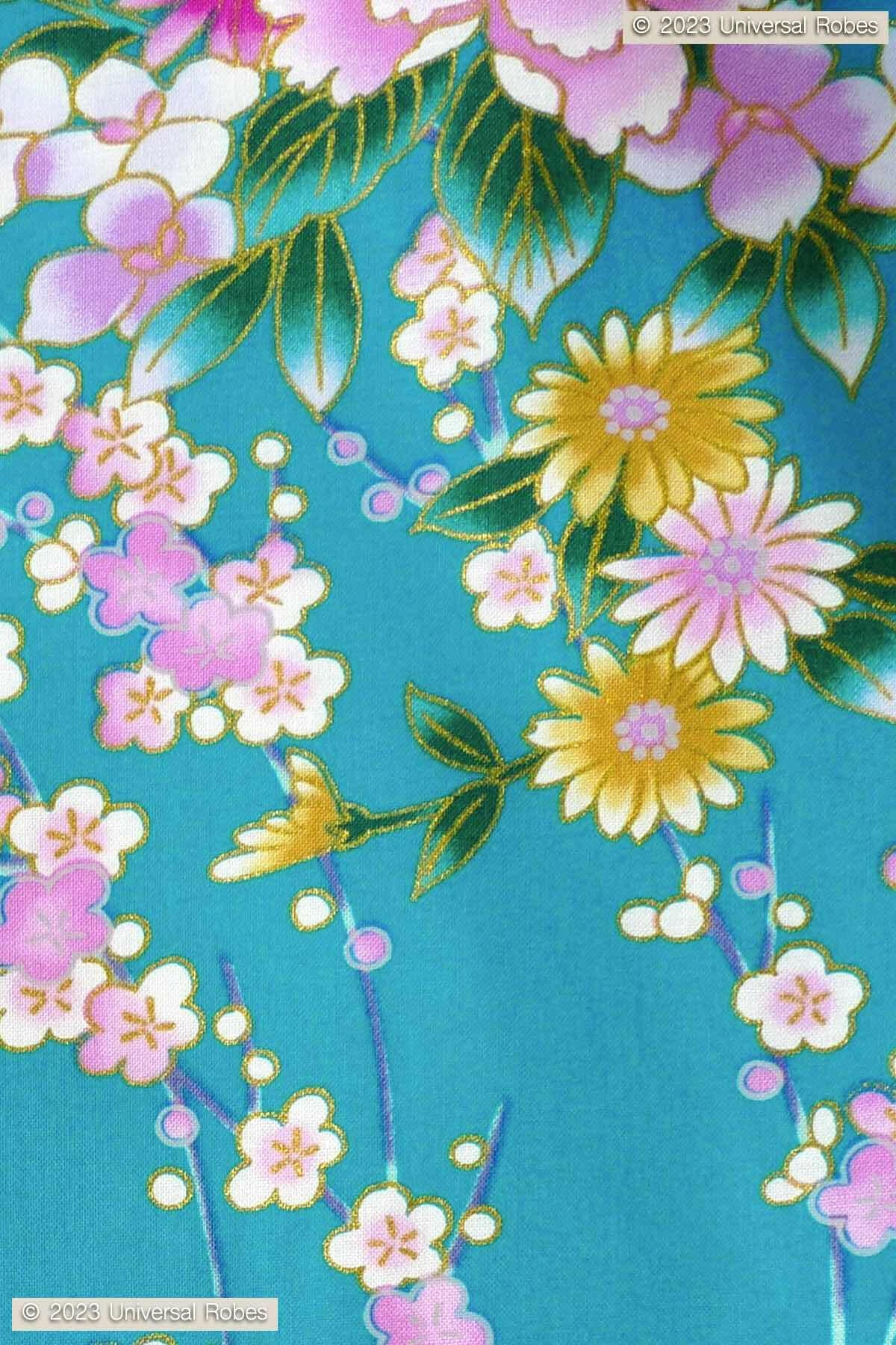 Women Peony & Orchis Cotton Yukata Kimono Color Turquoise Product Zoom View