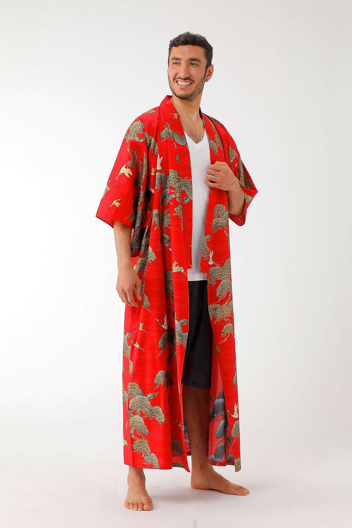 Men Pine & Crane Cotton Yukata Kimono.