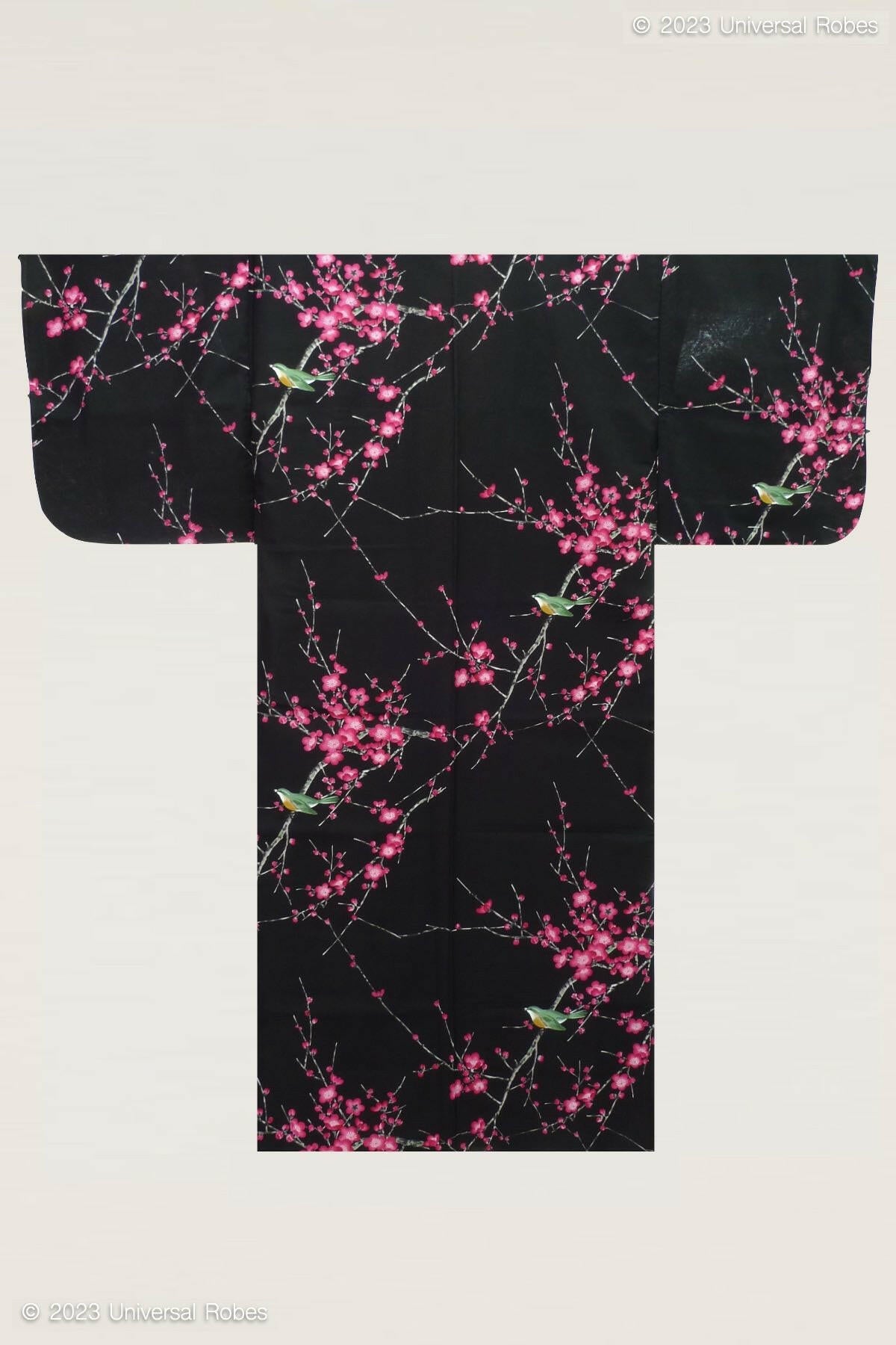 Women Plum & Bush Warbler Cotton Yukata Kimono Color Black Product Whole View