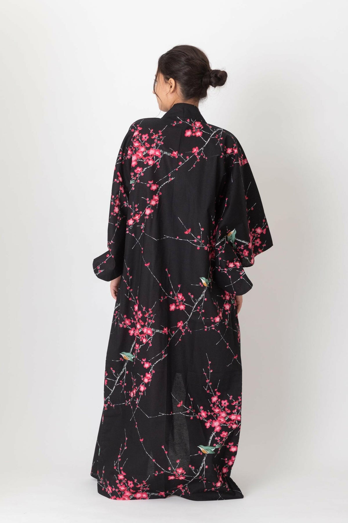 Women Plum & Bush Warbler Cotton Yukata Kimono Color Black Model Rear No Belt View