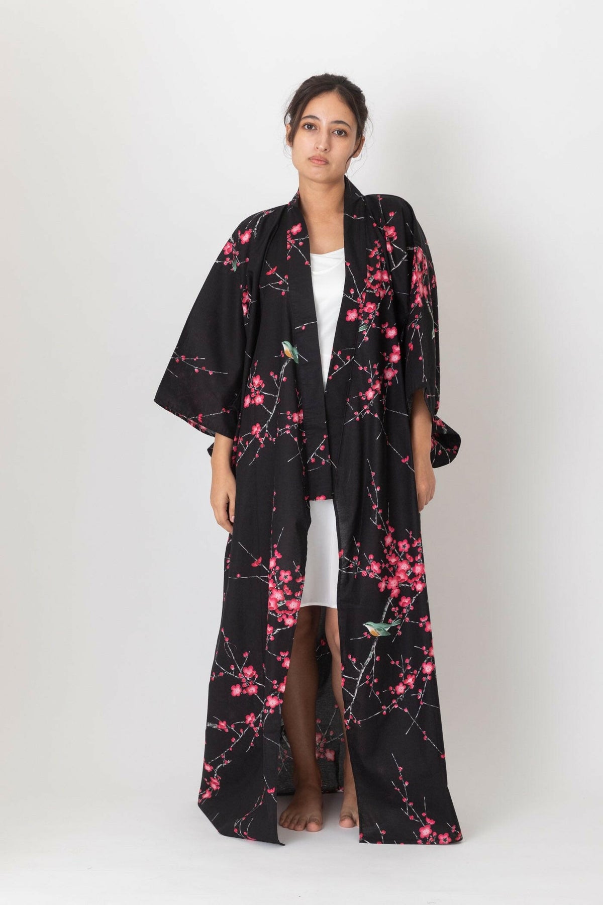 Women Plum & Bush Warbler Cotton Yukata Kimono Color Black Model Front No Belt View
