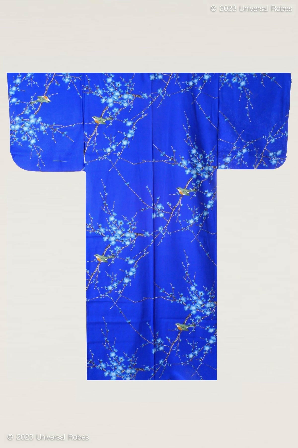 Women Plum & Bush Warbler Cotton Yukata Kimono Color Blue Product Whole View