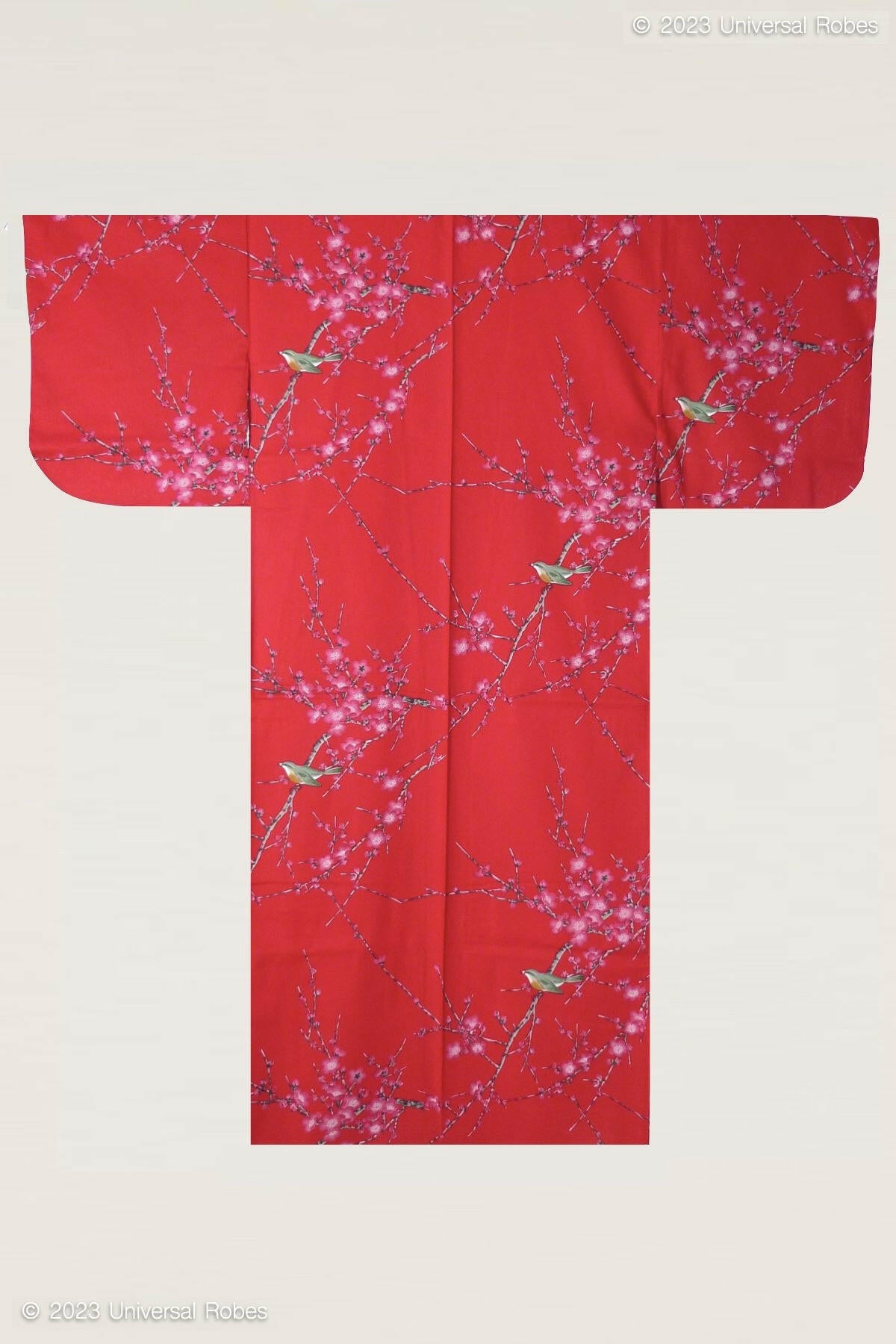 Women Plum & Bush Warbler Cotton Yukata Kimono Color Red Product Whole View