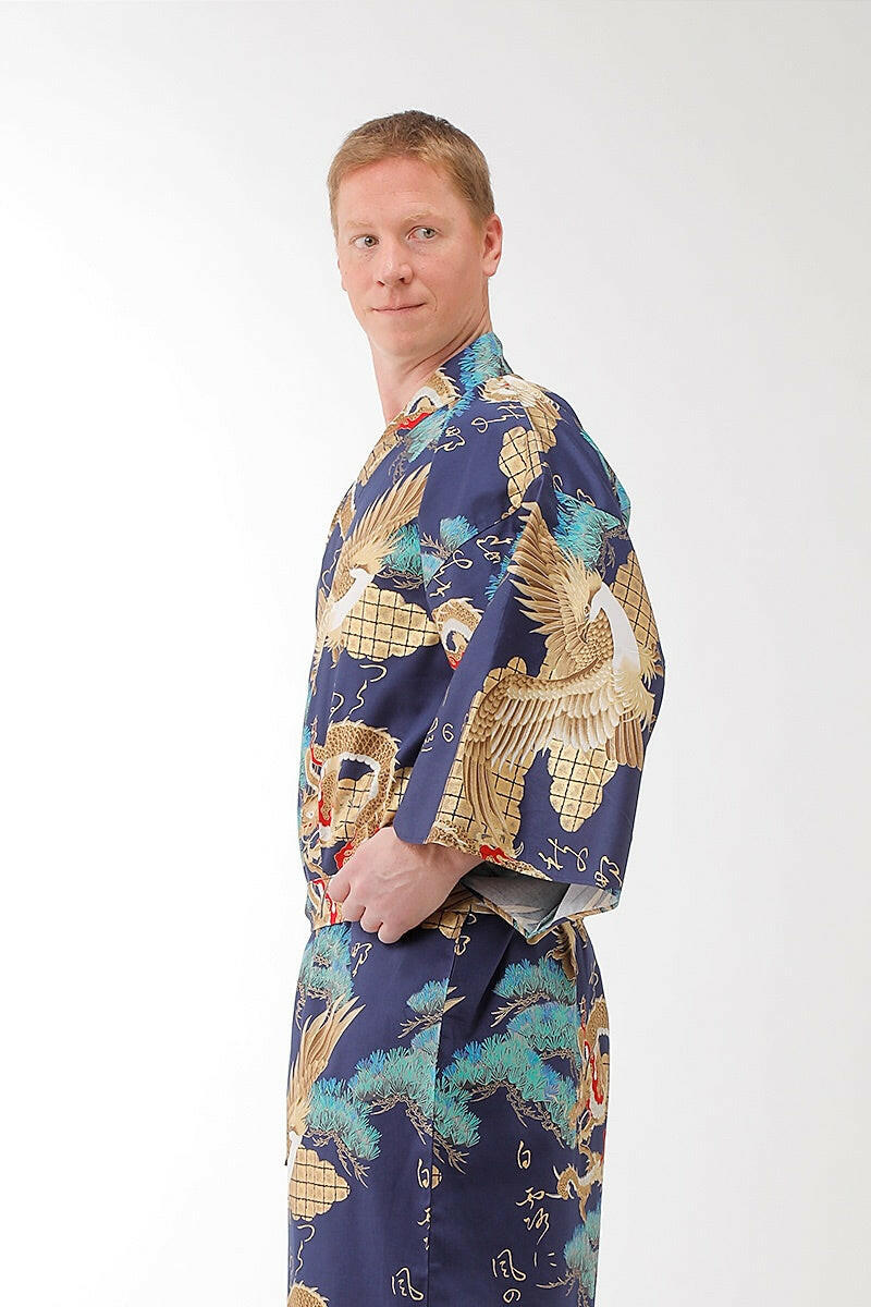 Men Dragon & Eagle Cotton Sateen Short Kimono.