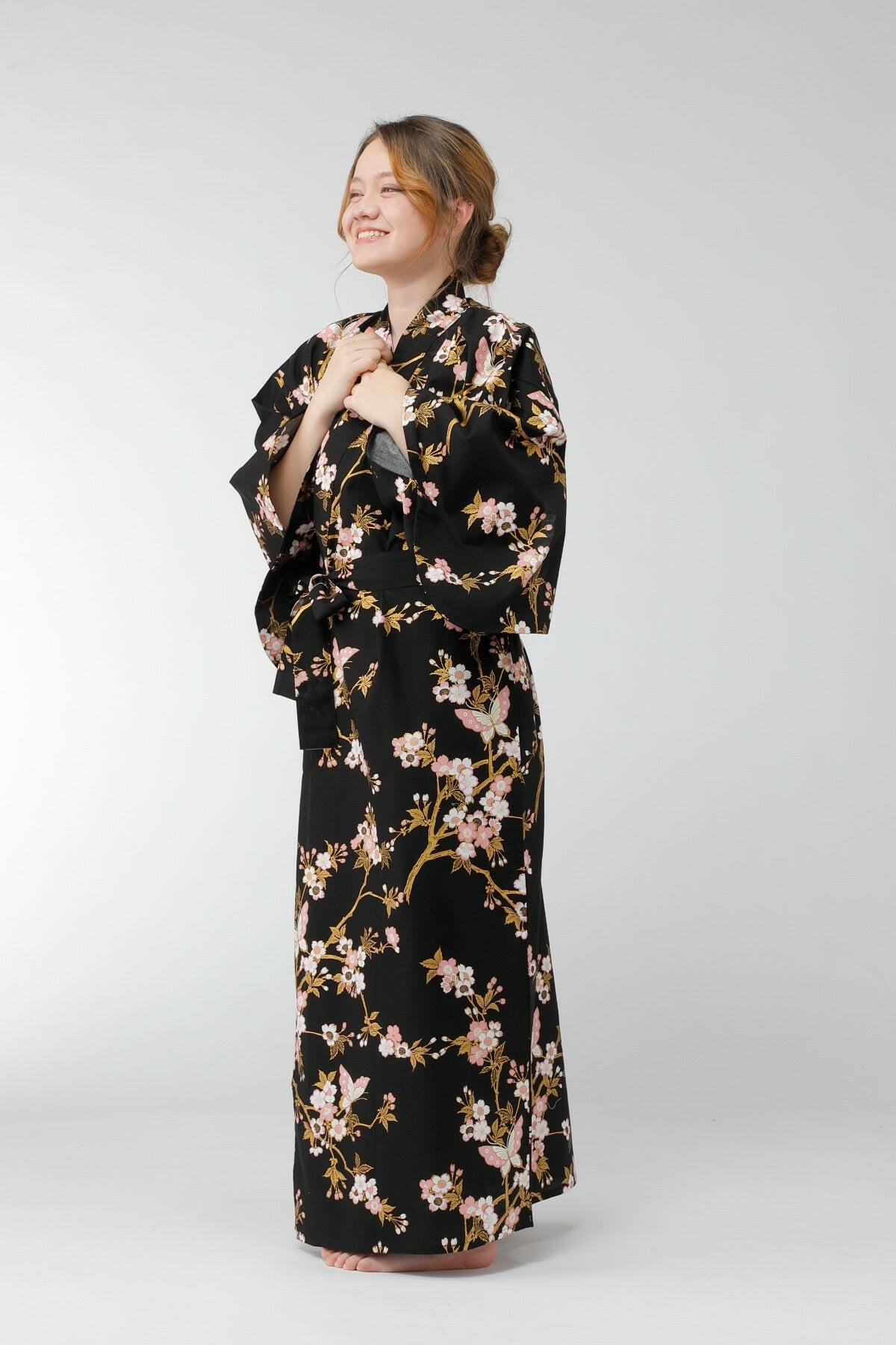 Women Cherry Blossoms & Butterfly Cotton Yukata Kimono.